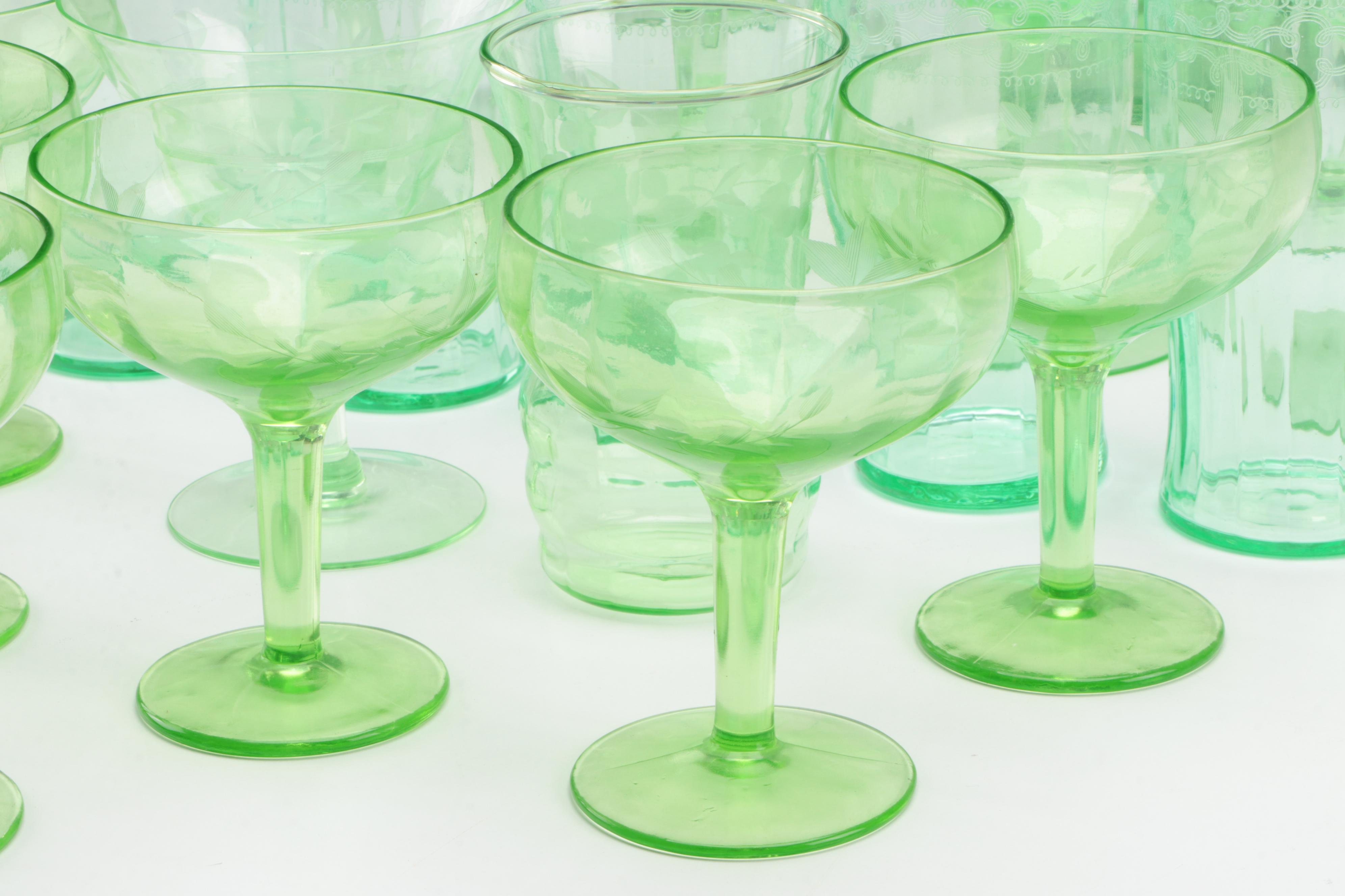 Etched Green Uranium Glass Pitcher, Glasses and Stemware, Mid-20th Century