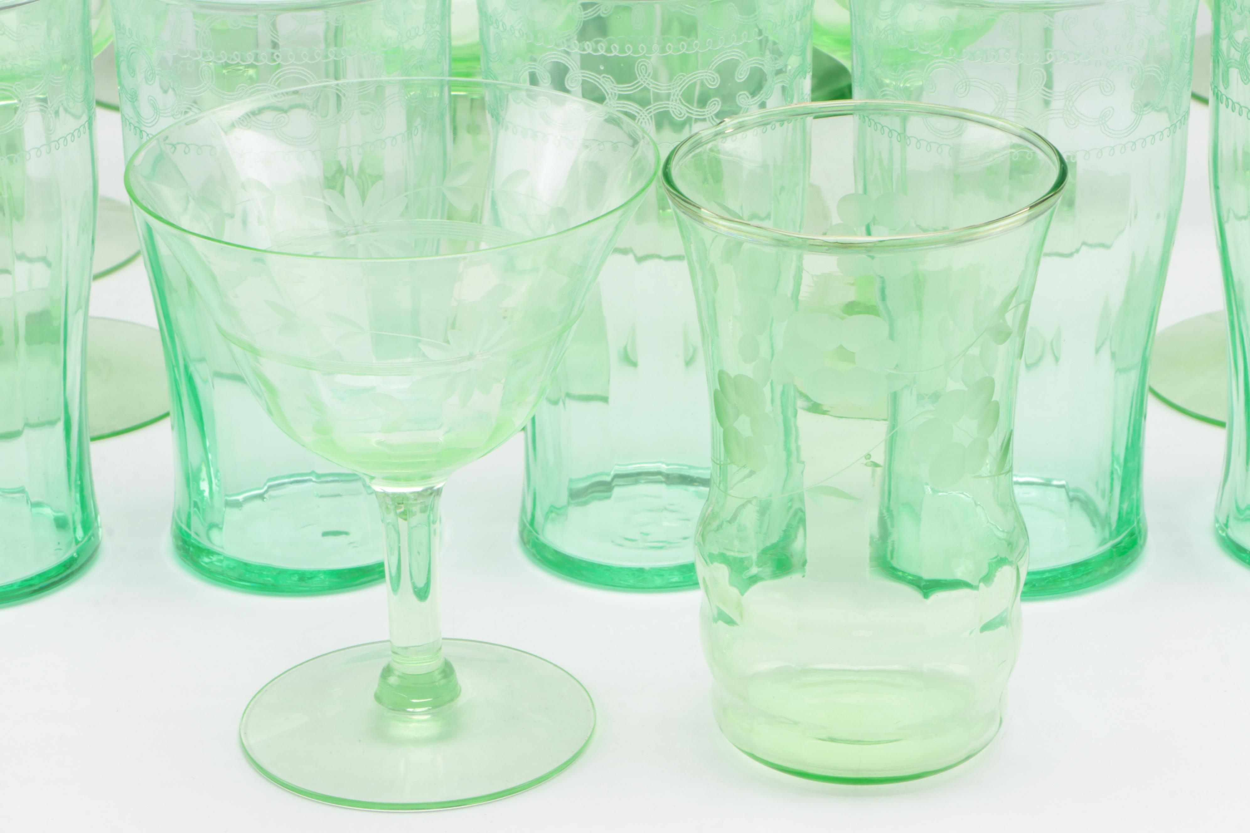Etched Green Uranium Glass Pitcher, Glasses and Stemware, Mid-20th Century