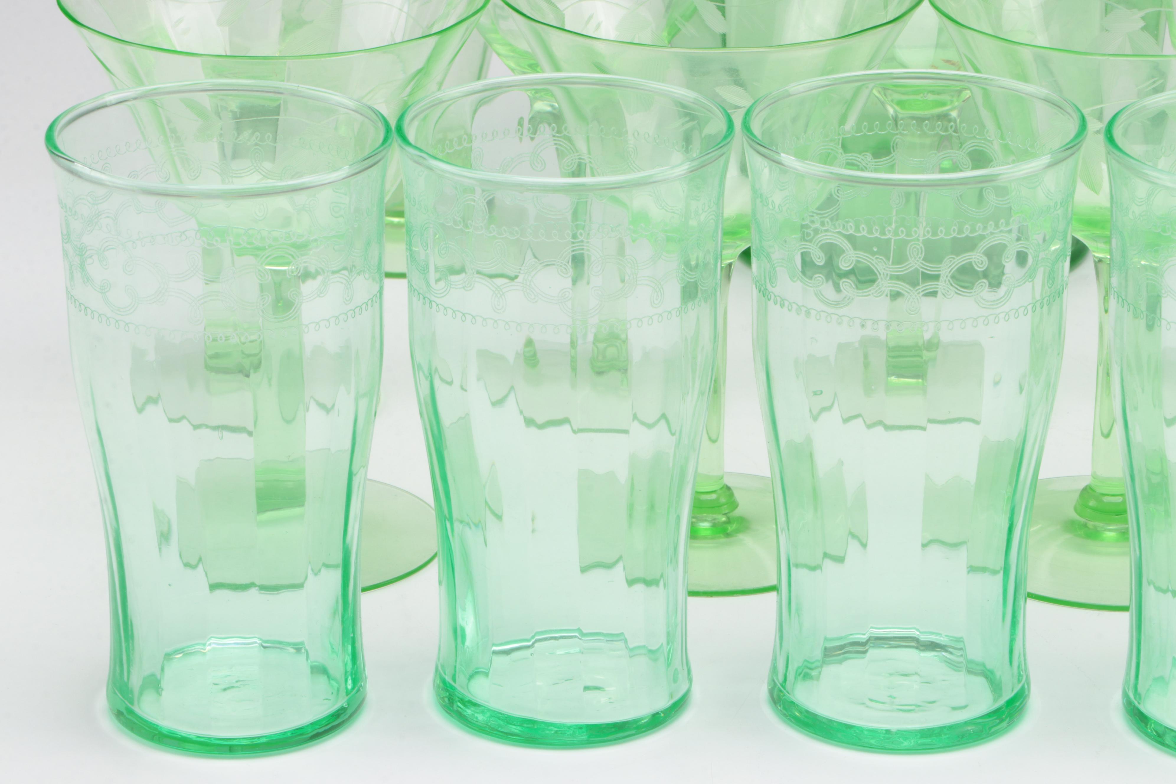 Etched Green Uranium Glass Pitcher, Glasses and Stemware, Mid-20th Century