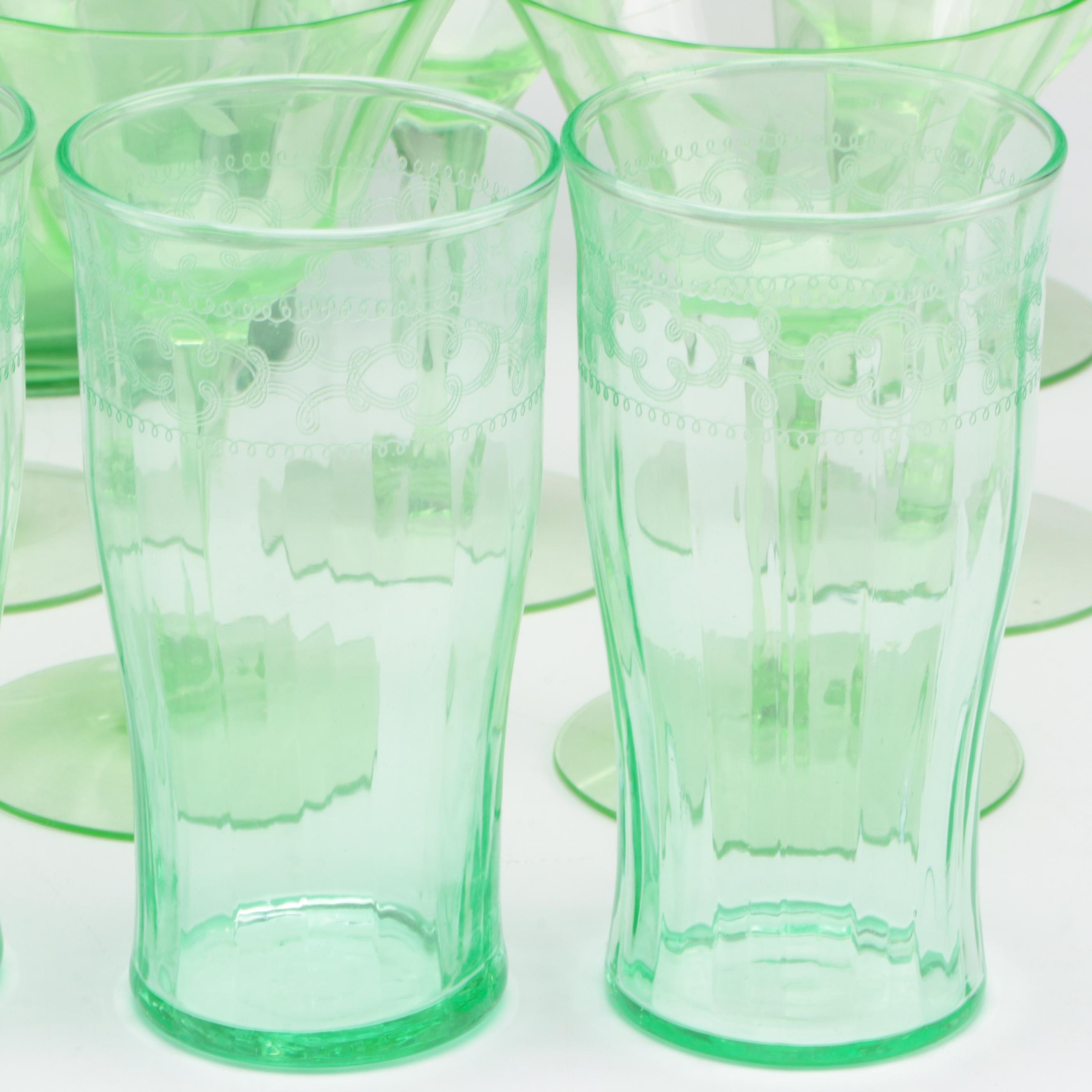Etched Green Uranium Glass Pitcher, Glasses and Stemware, Mid-20th Century