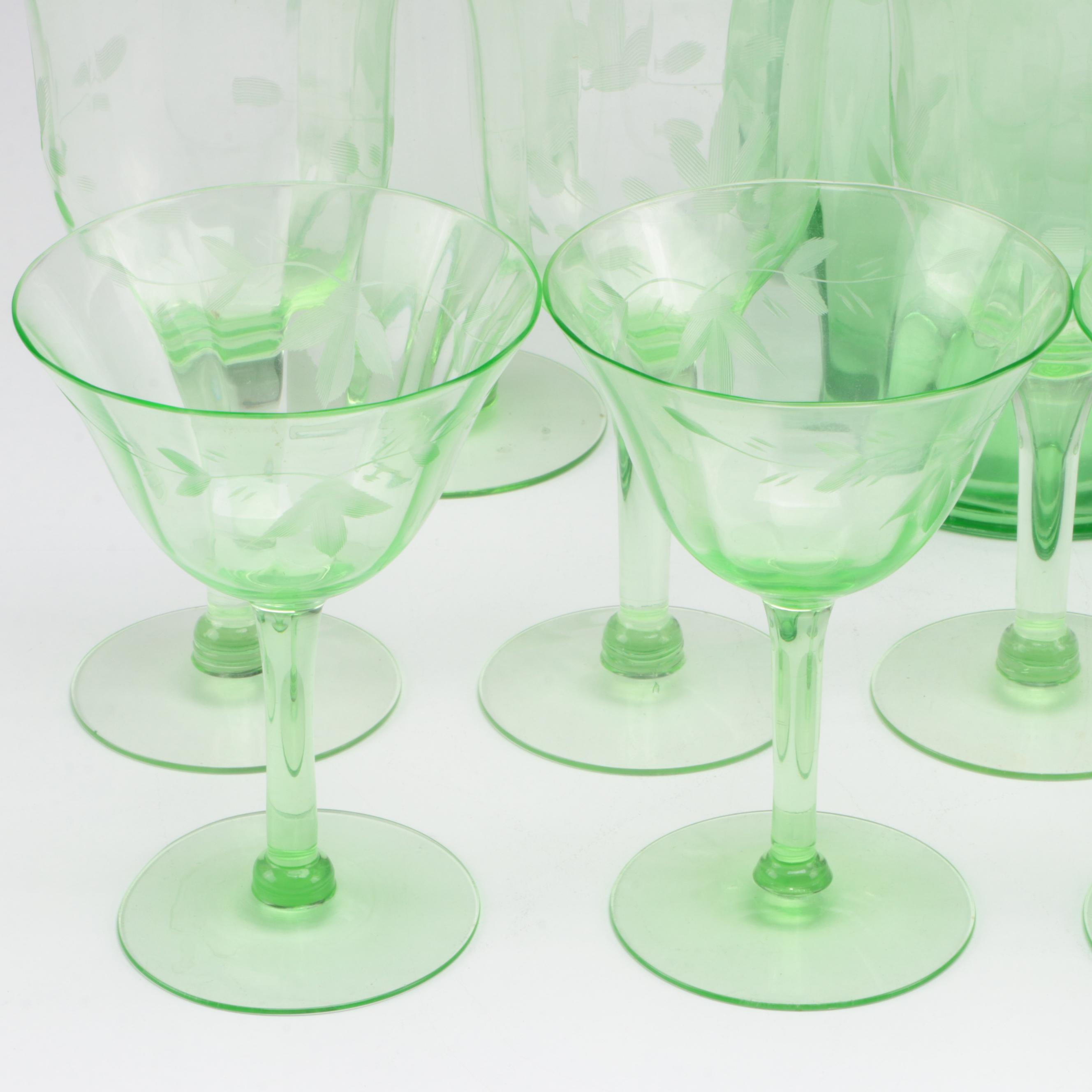 Etched Green Uranium Glass Pitcher, Glasses and Stemware, Mid-20th Century
