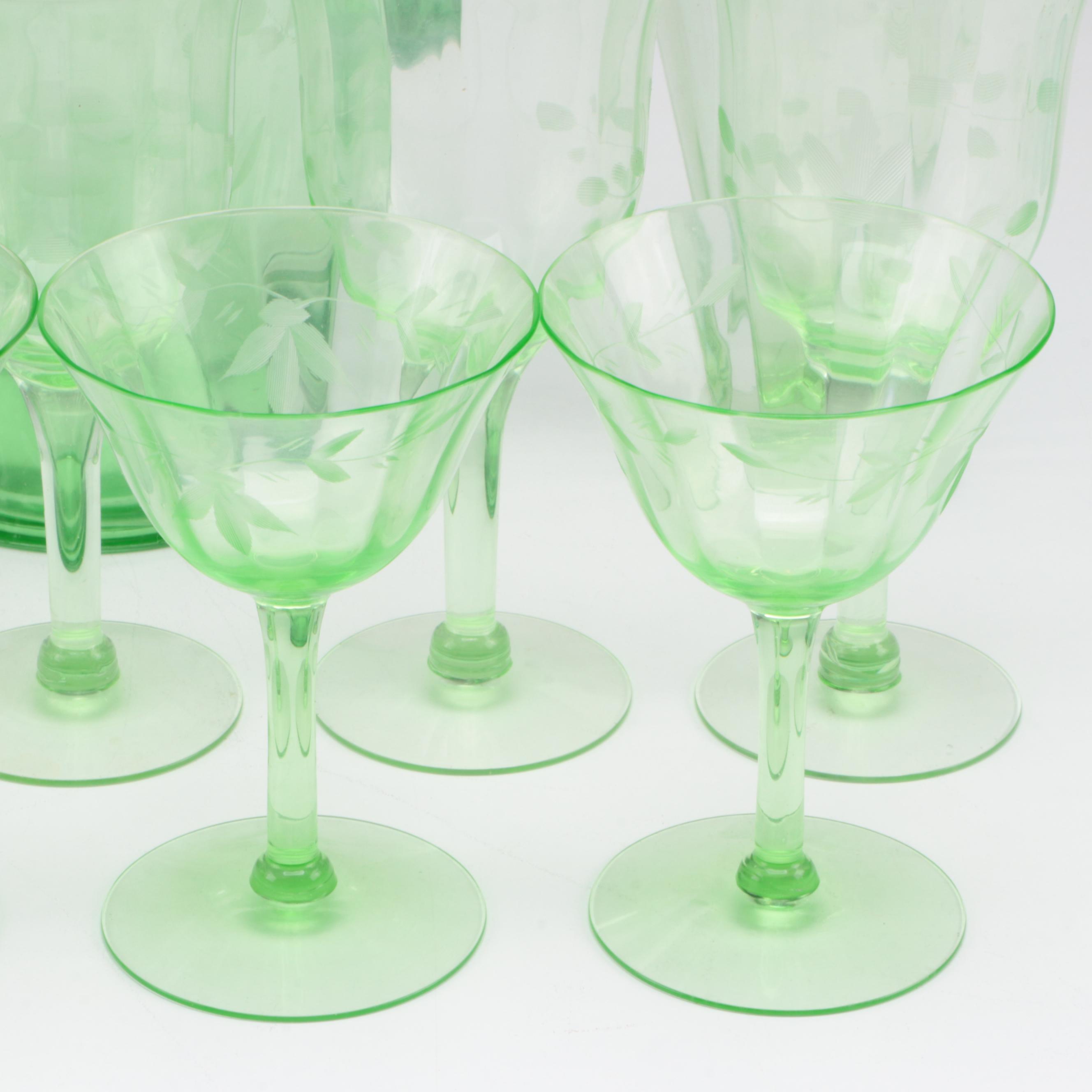 Etched Green Uranium Glass Pitcher, Glasses and Stemware, Mid-20th Century