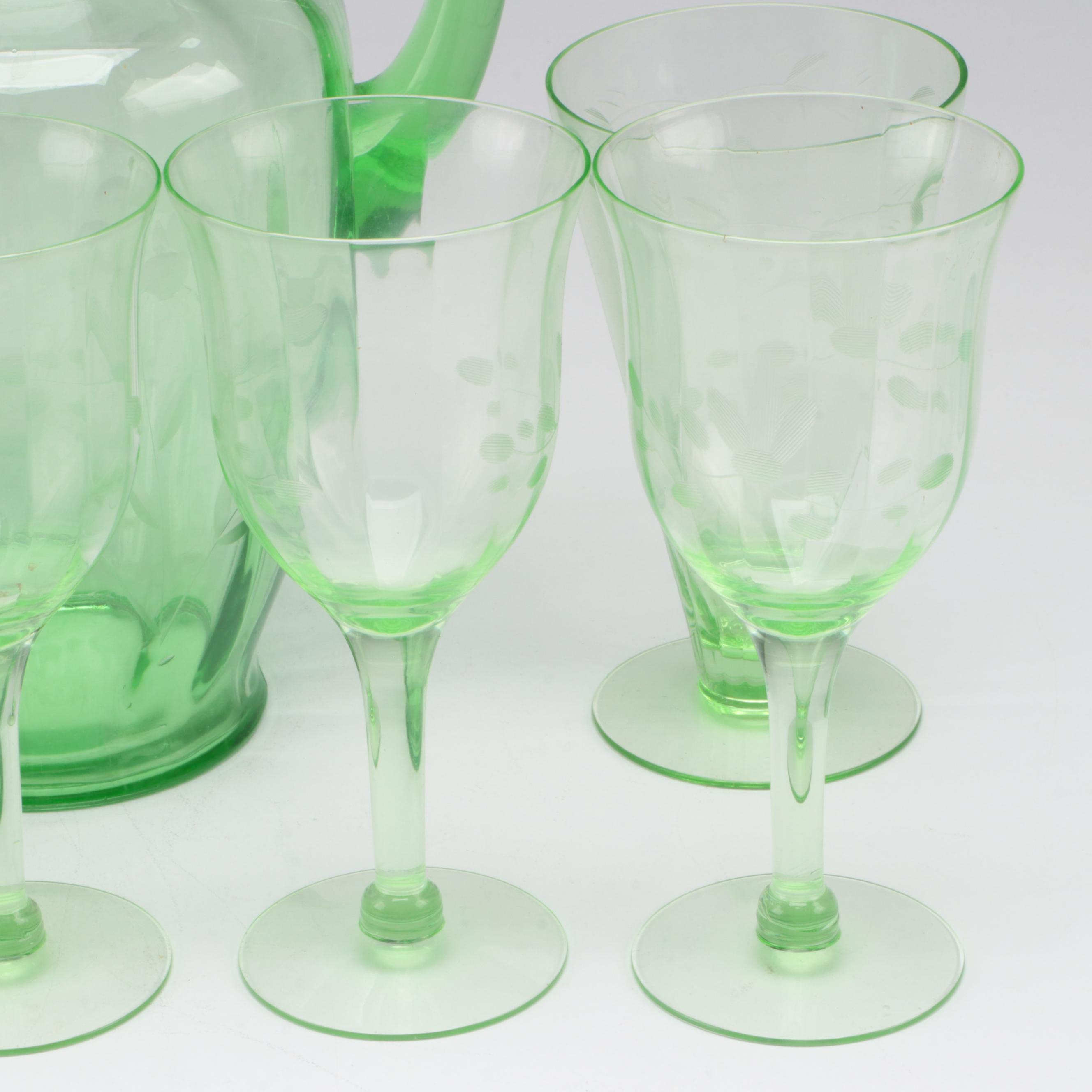 Etched Green Uranium Glass Pitcher, Glasses and Stemware, Mid-20th Century