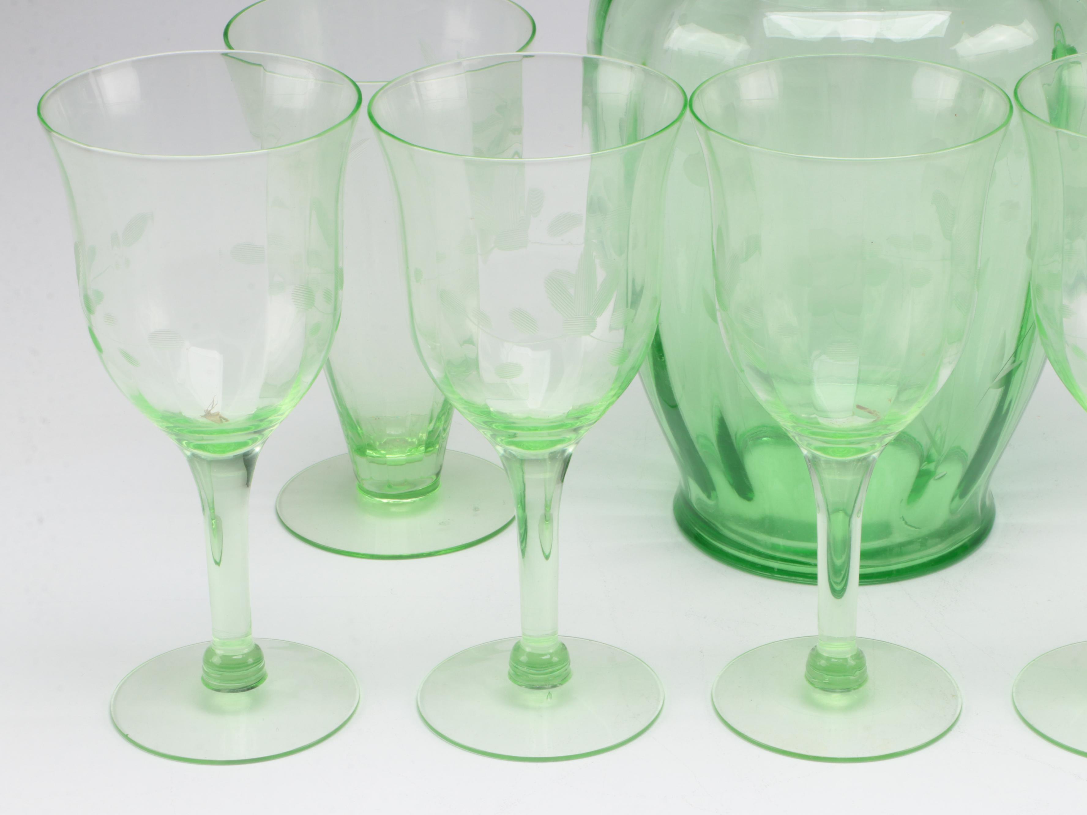 Etched Green Uranium Glass Pitcher, Glasses and Stemware, Mid-20th Century
