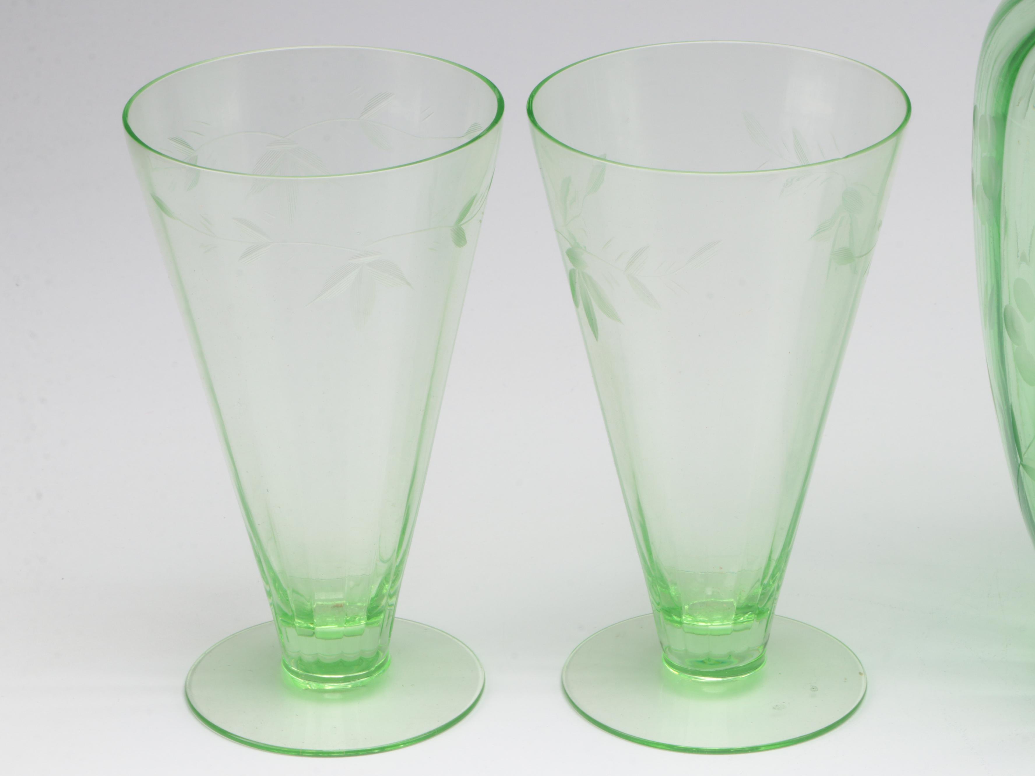 Etched Green Uranium Glass Pitcher, Glasses and Stemware, Mid-20th Century