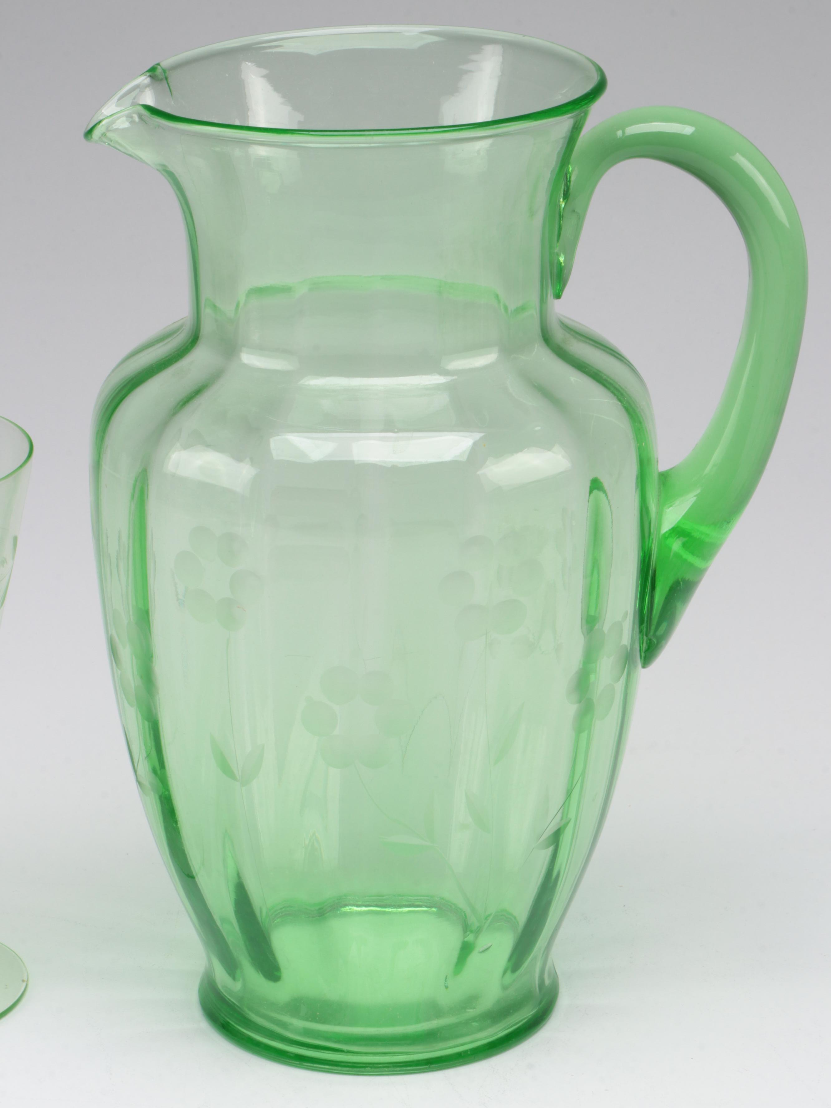 Etched Green Uranium Glass Pitcher, Glasses and Stemware, Mid-20th Century