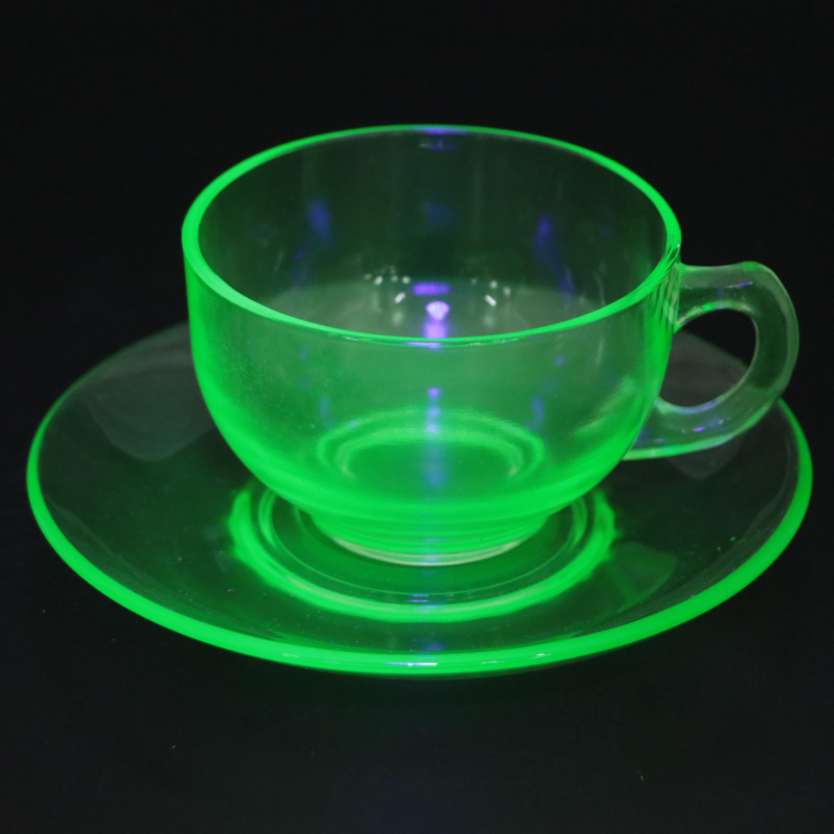 Green Uranium Glass Plates and Cups, Mid-20th Century