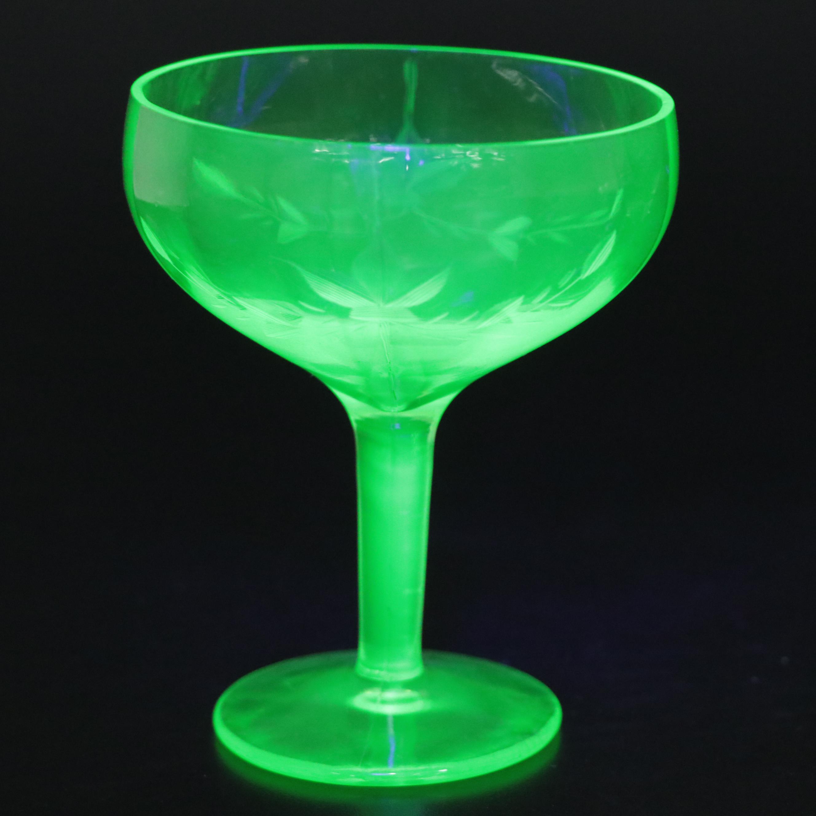Etched Green Uranium Glass Pitcher, Glasses and Stemware, Mid-20th Century