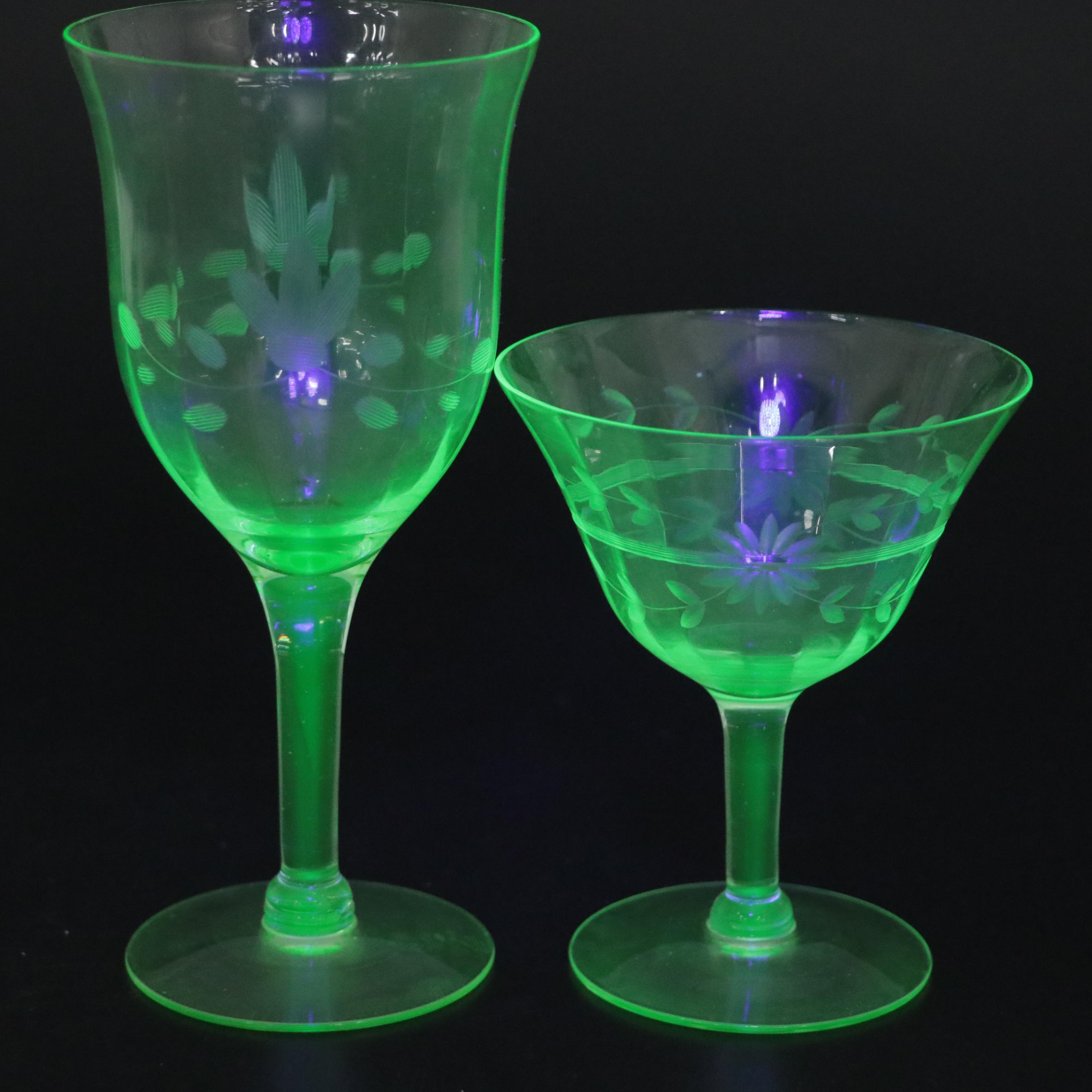 Etched Green Uranium Glass Pitcher, Glasses and Stemware, Mid-20th Century