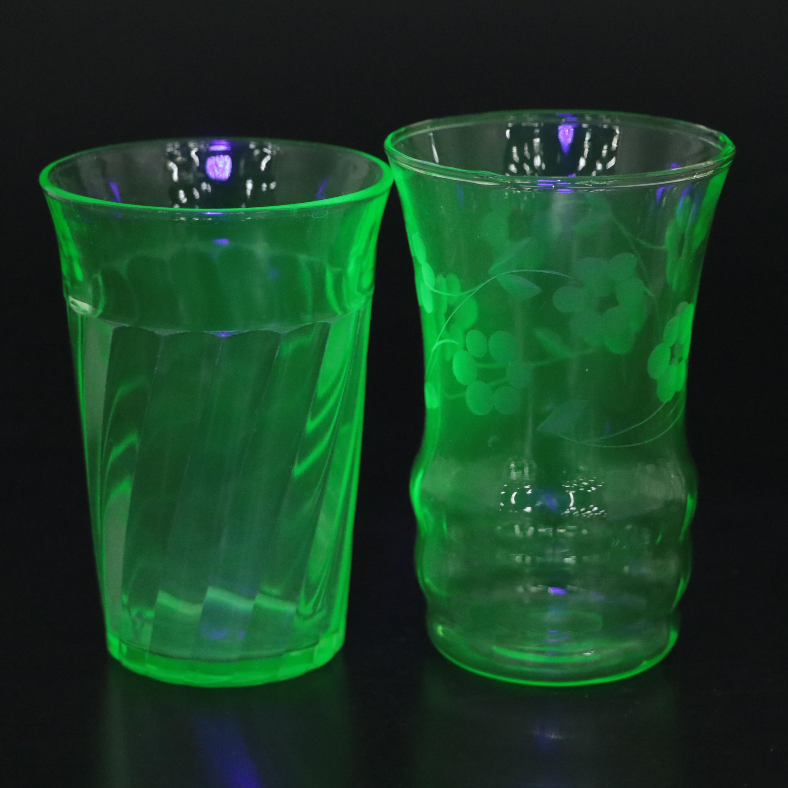 Etched Green Uranium Glass Pitcher, Glasses and Stemware, Mid-20th Century