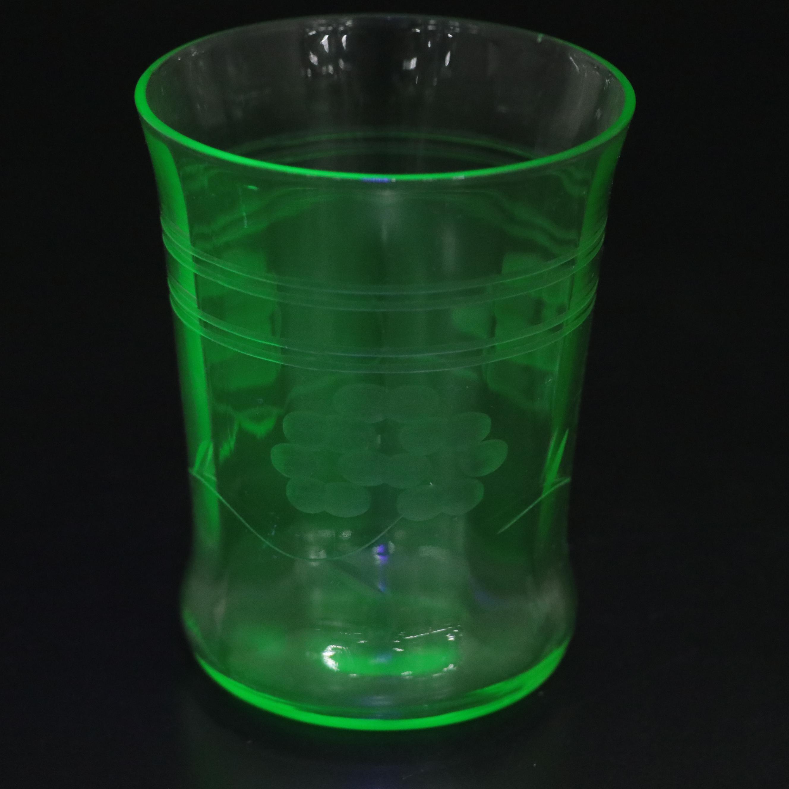 Etched Green Uranium Glass Pitcher, Glasses and Stemware, Mid-20th Century
