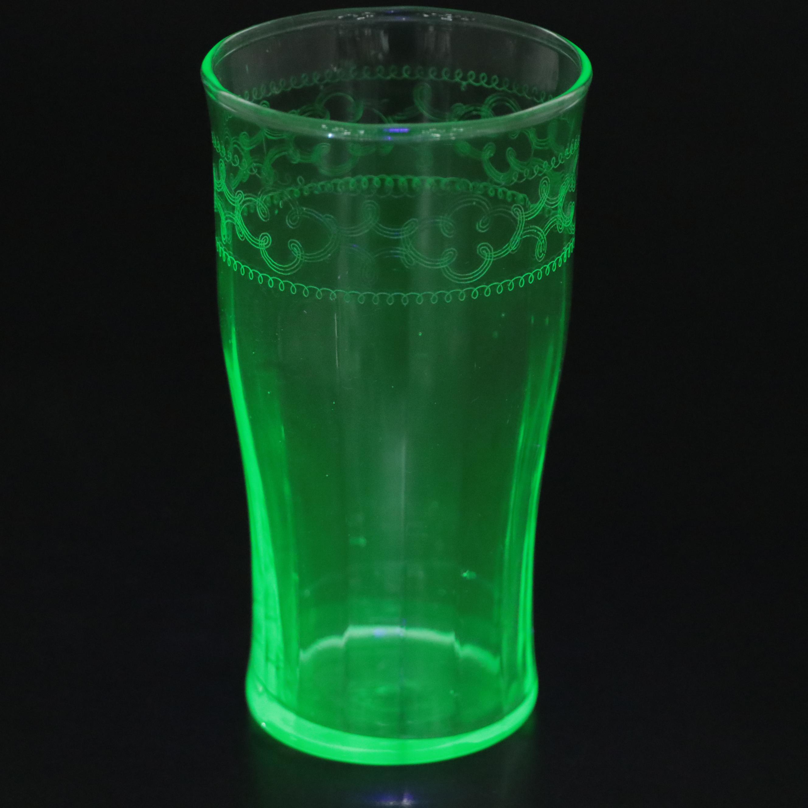 Etched Green Uranium Glass Pitcher, Glasses and Stemware, Mid-20th Century