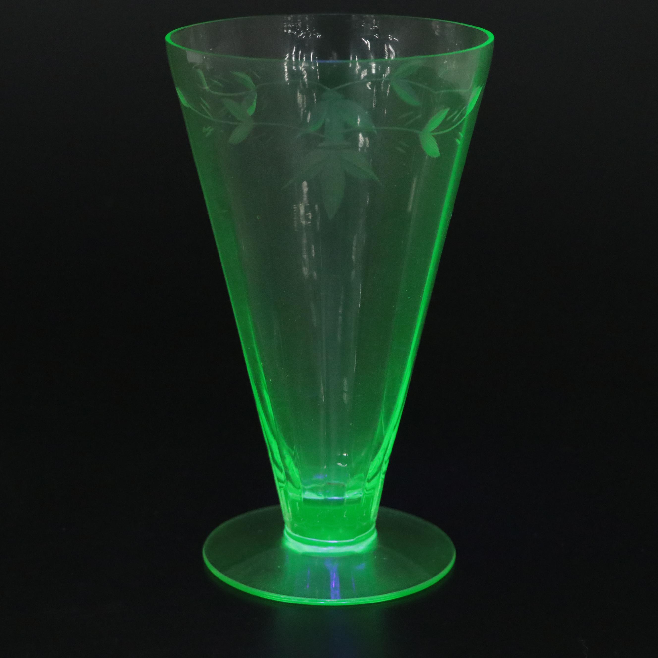 Etched Green Uranium Glass Pitcher, Glasses and Stemware, Mid-20th Century