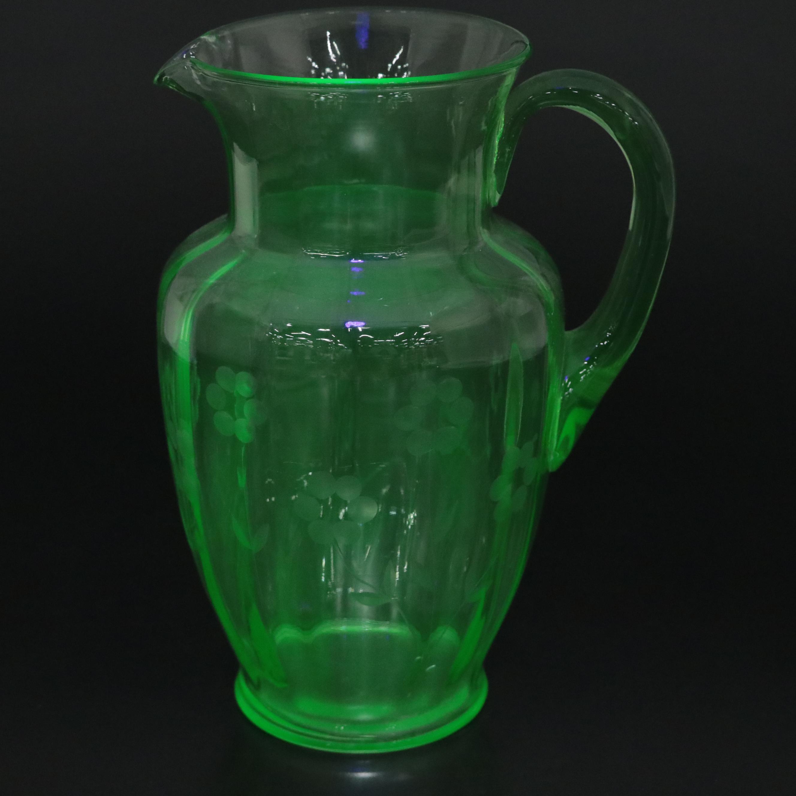 Etched Green Uranium Glass Pitcher, Glasses and Stemware, Mid-20th Century