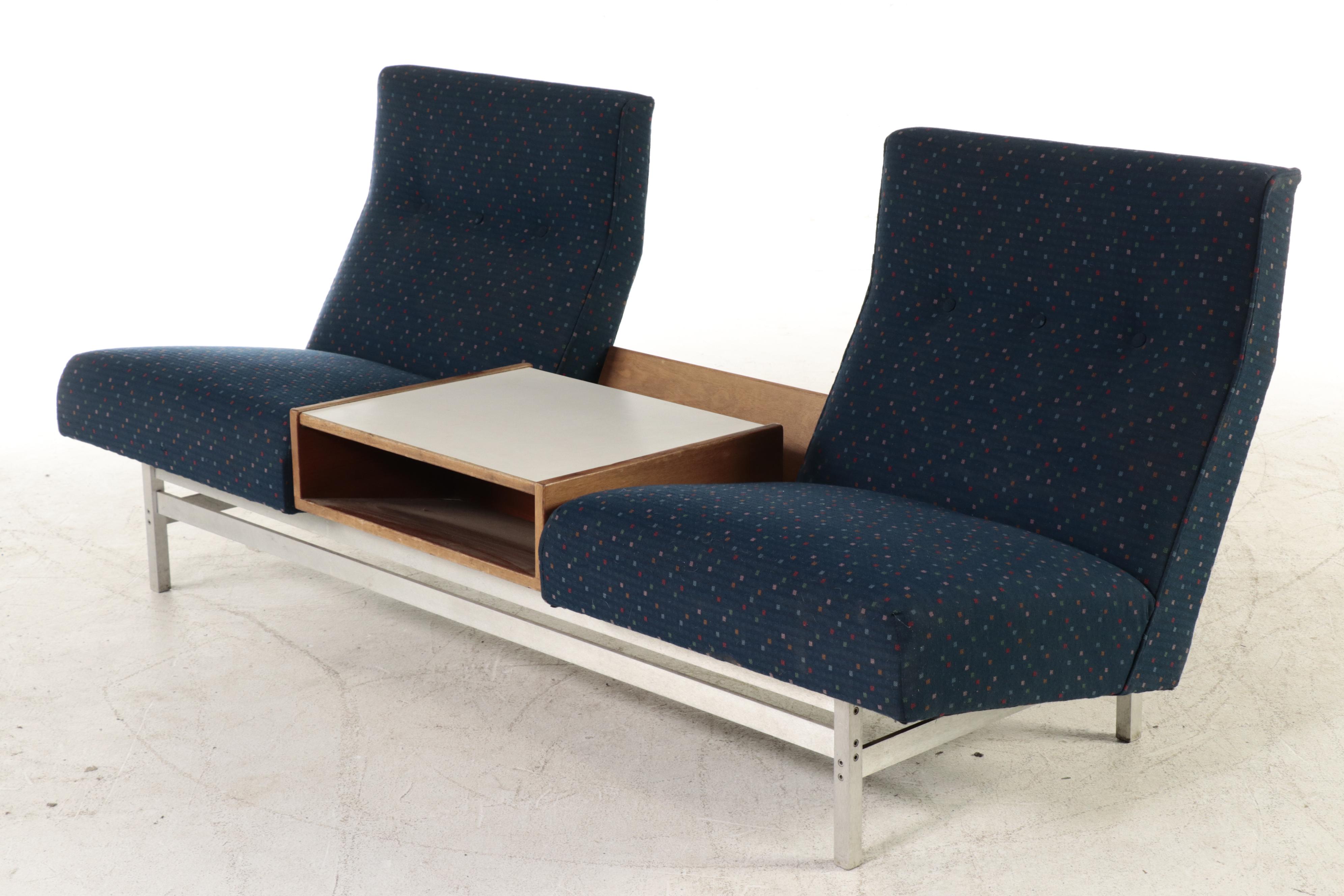 Modernist Walnut, White Laminate, and Aluminum Two-Seat Bench with Center Table