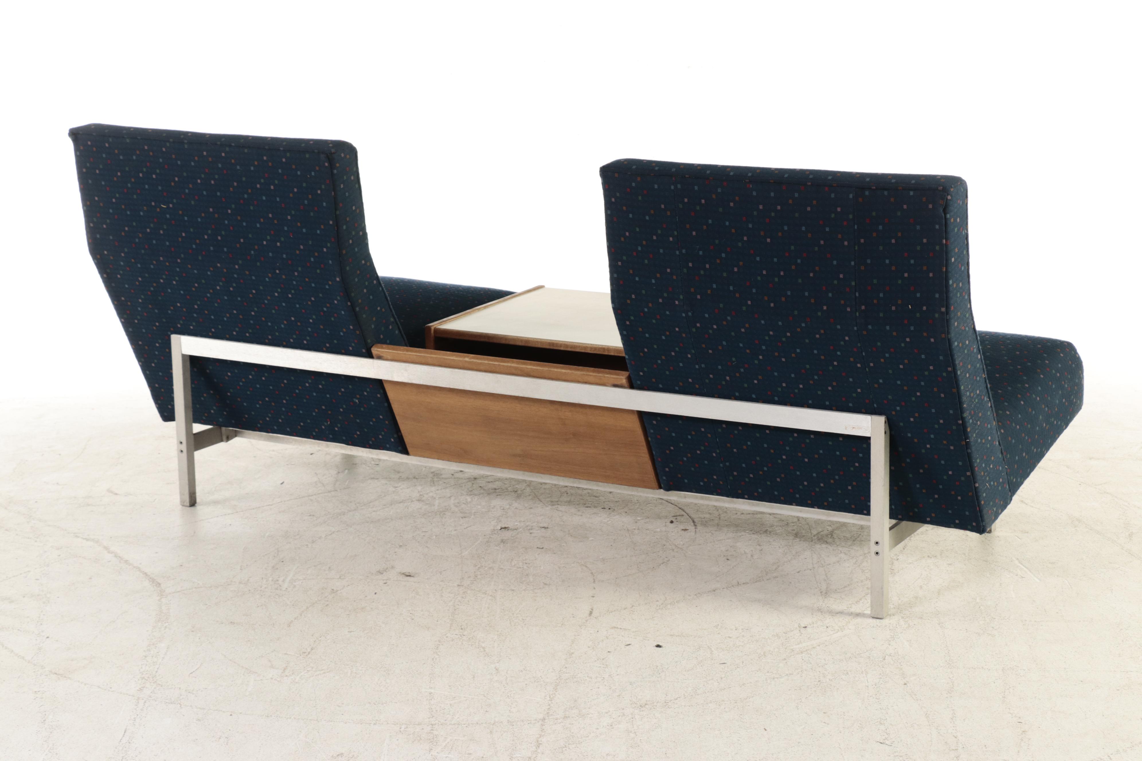 Modernist Walnut, White Laminate, and Aluminum Two-Seat Bench with Center Table