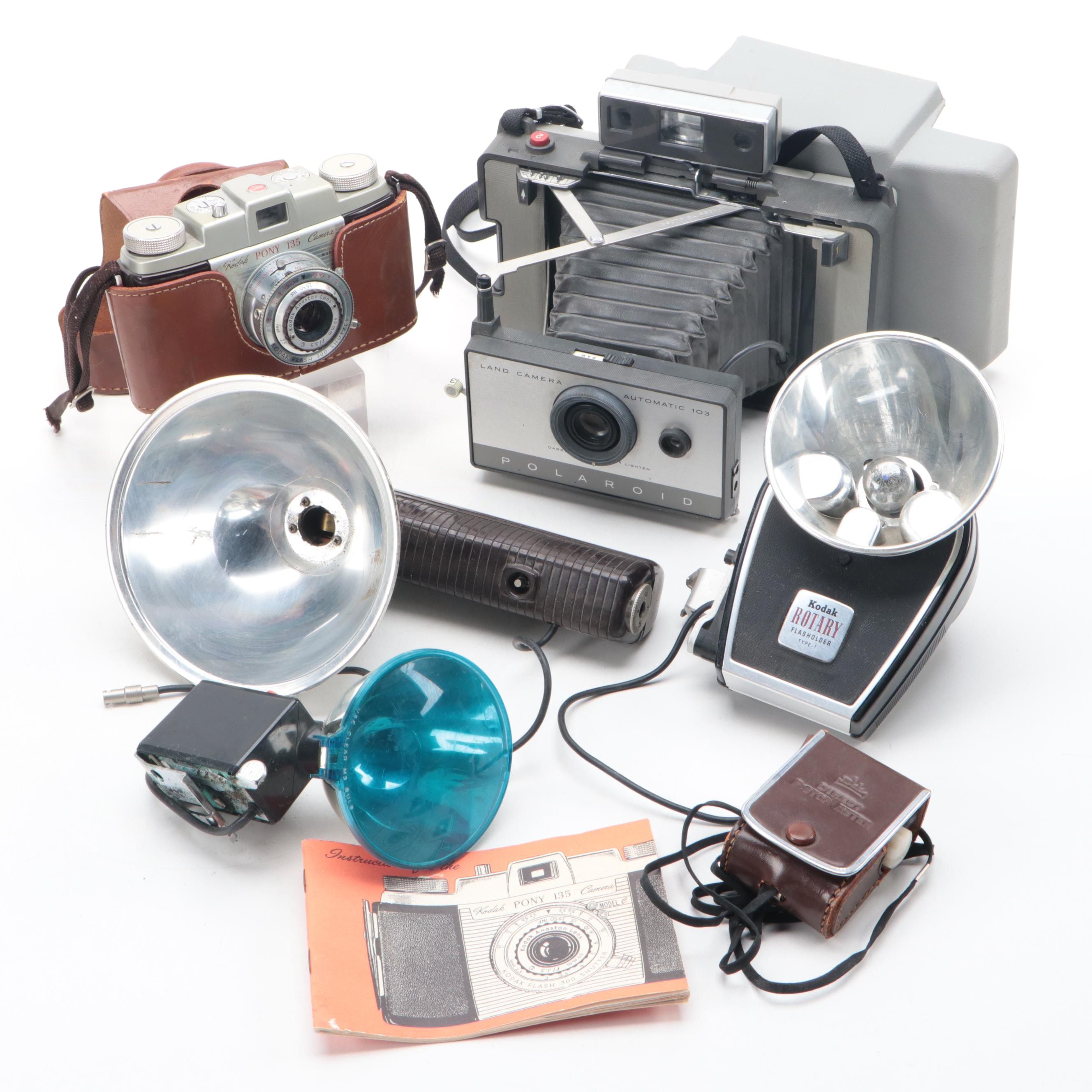 Polaroid Land Camera 103 With and Kodak Pony and Flashbulbs, Accessories