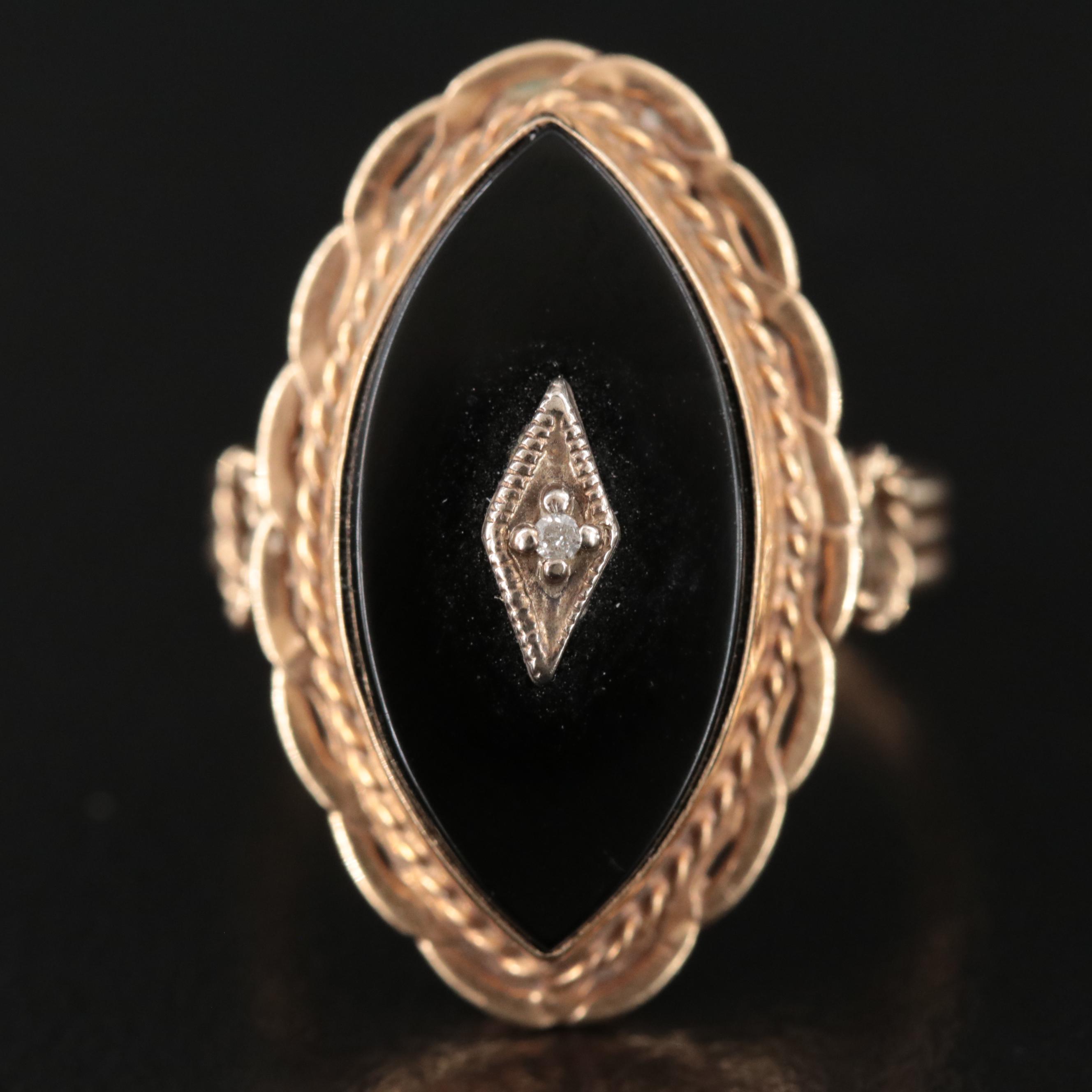 14K Black Onyx and DImaond Navette Ring