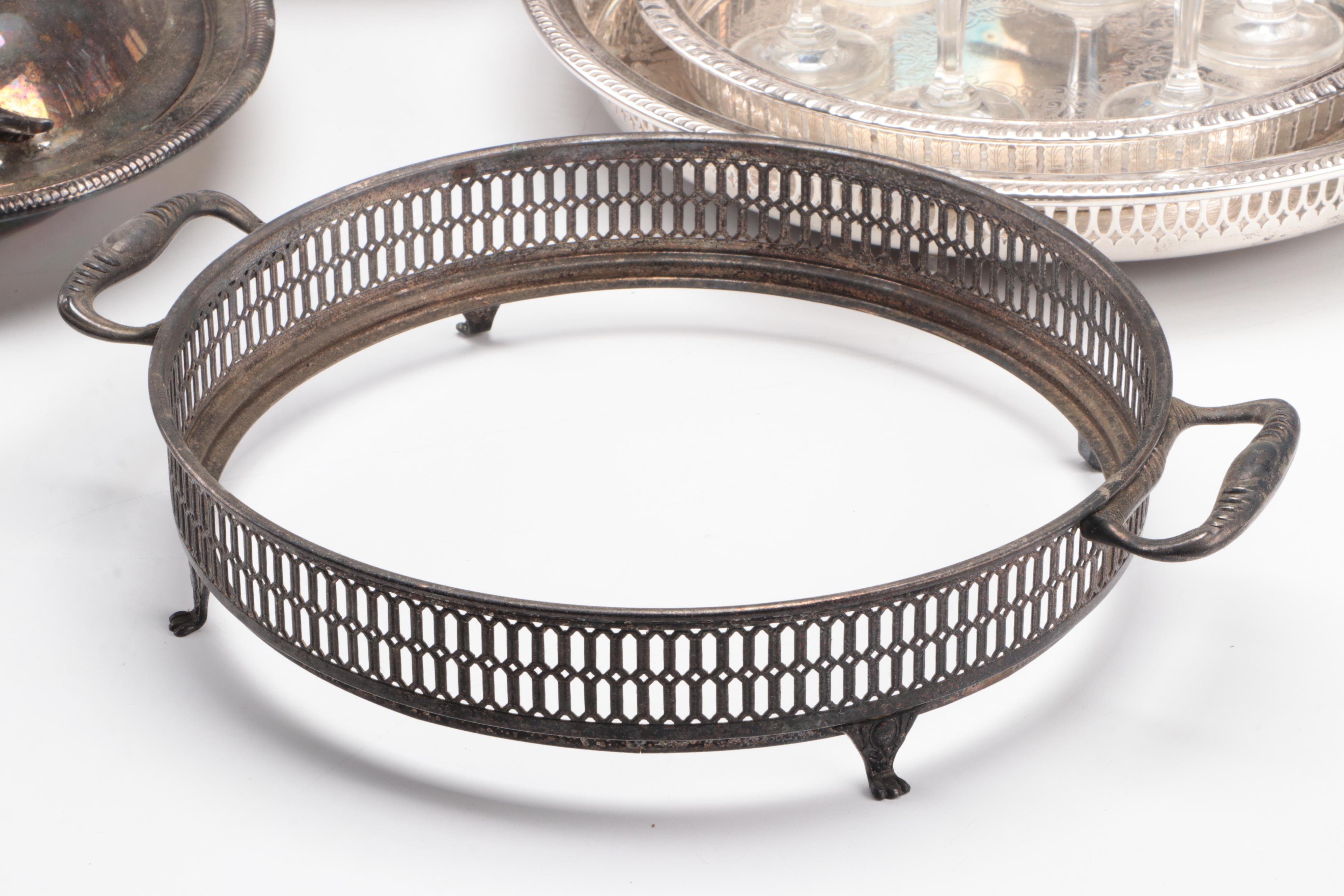 Sheridan Silver Co. Gallery Tray with Glasses and Other Silver Plate Serveware