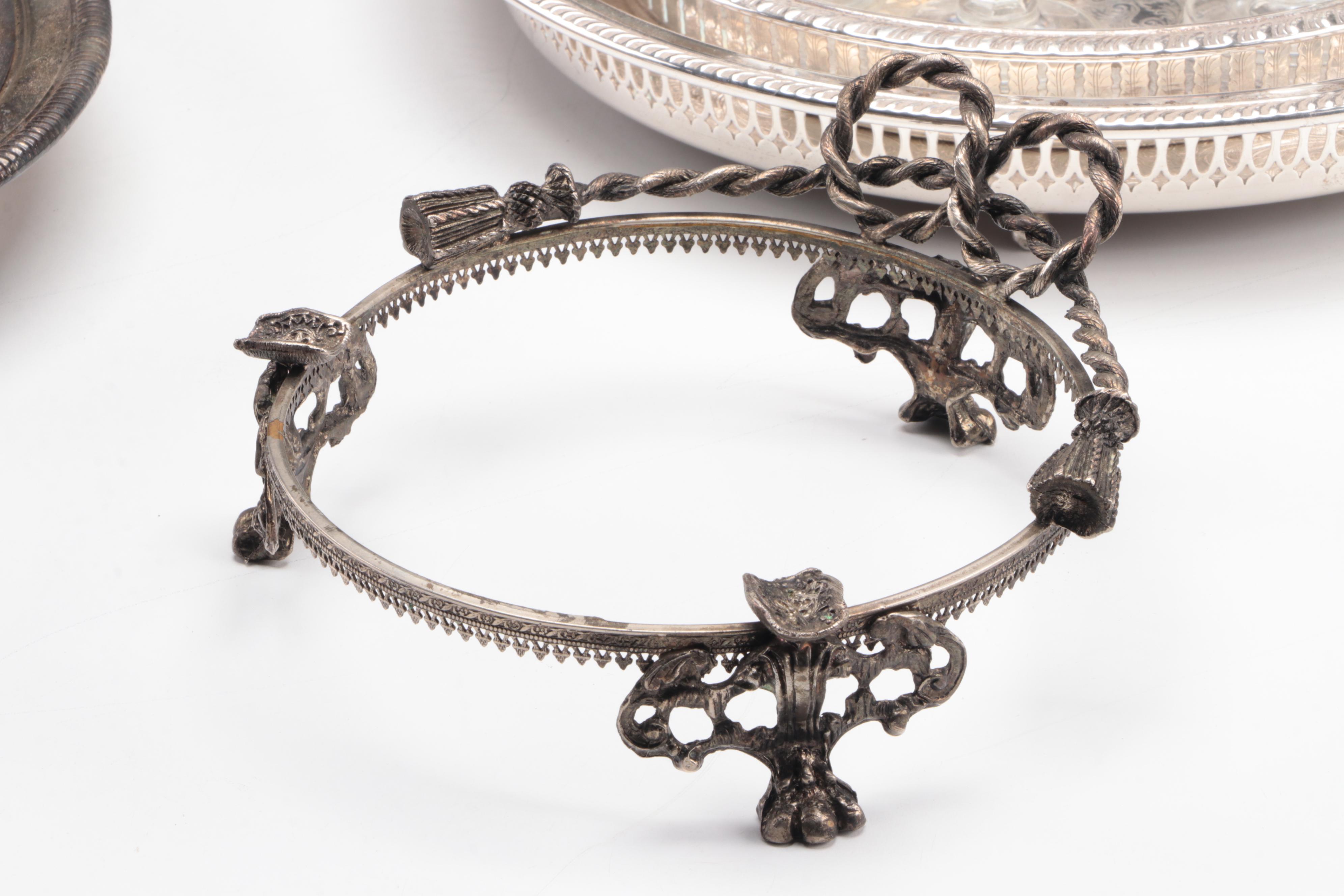 Sheridan Silver Co. Gallery Tray with Glasses and Other Silver Plate Serveware