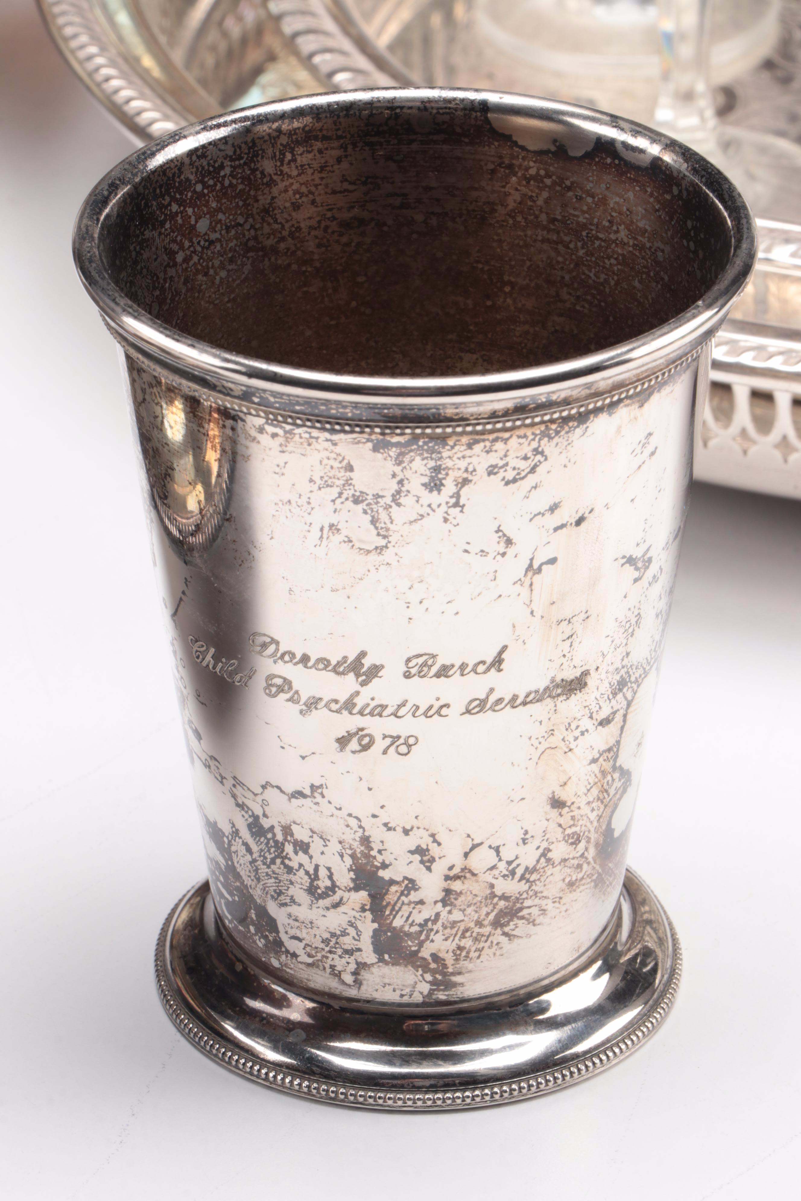 Sheridan Silver Co. Gallery Tray with Glasses and Other Silver Plate Serveware