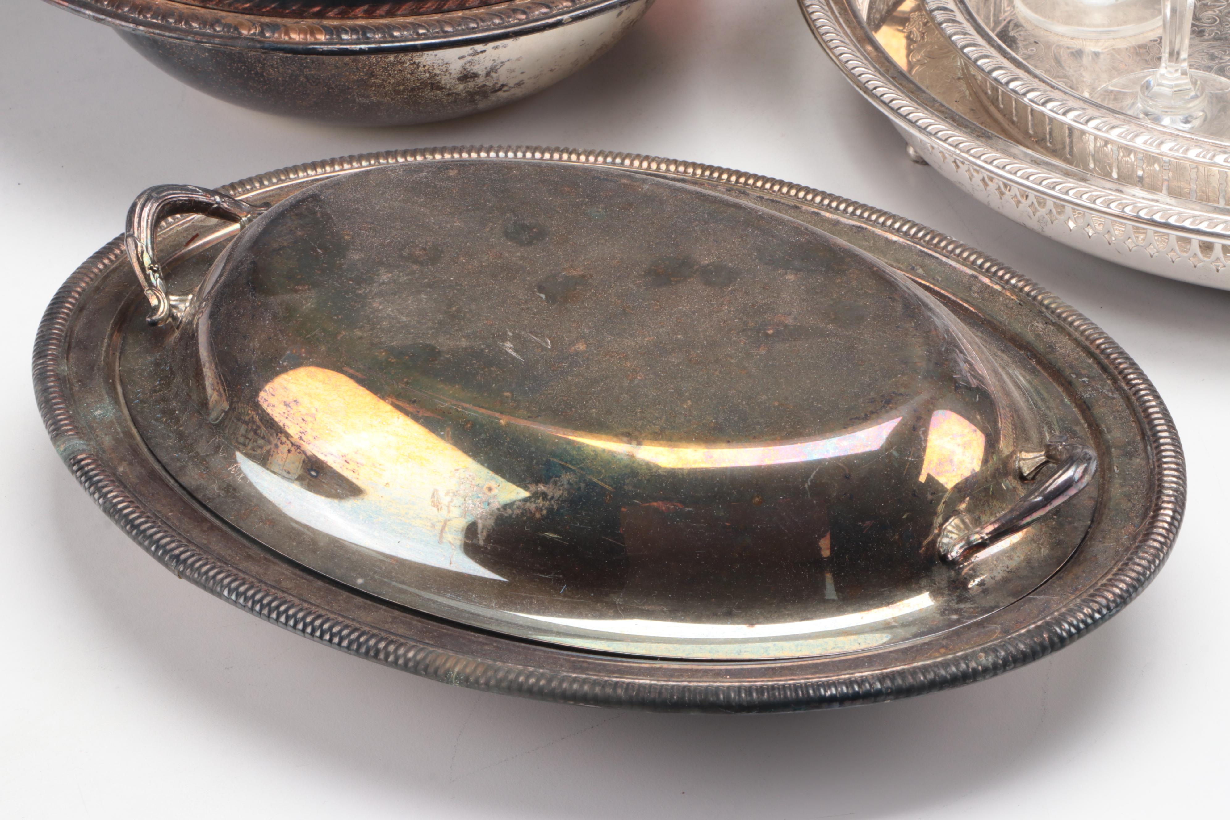 Sheridan Silver Co. Gallery Tray with Glasses and Other Silver Plate Serveware