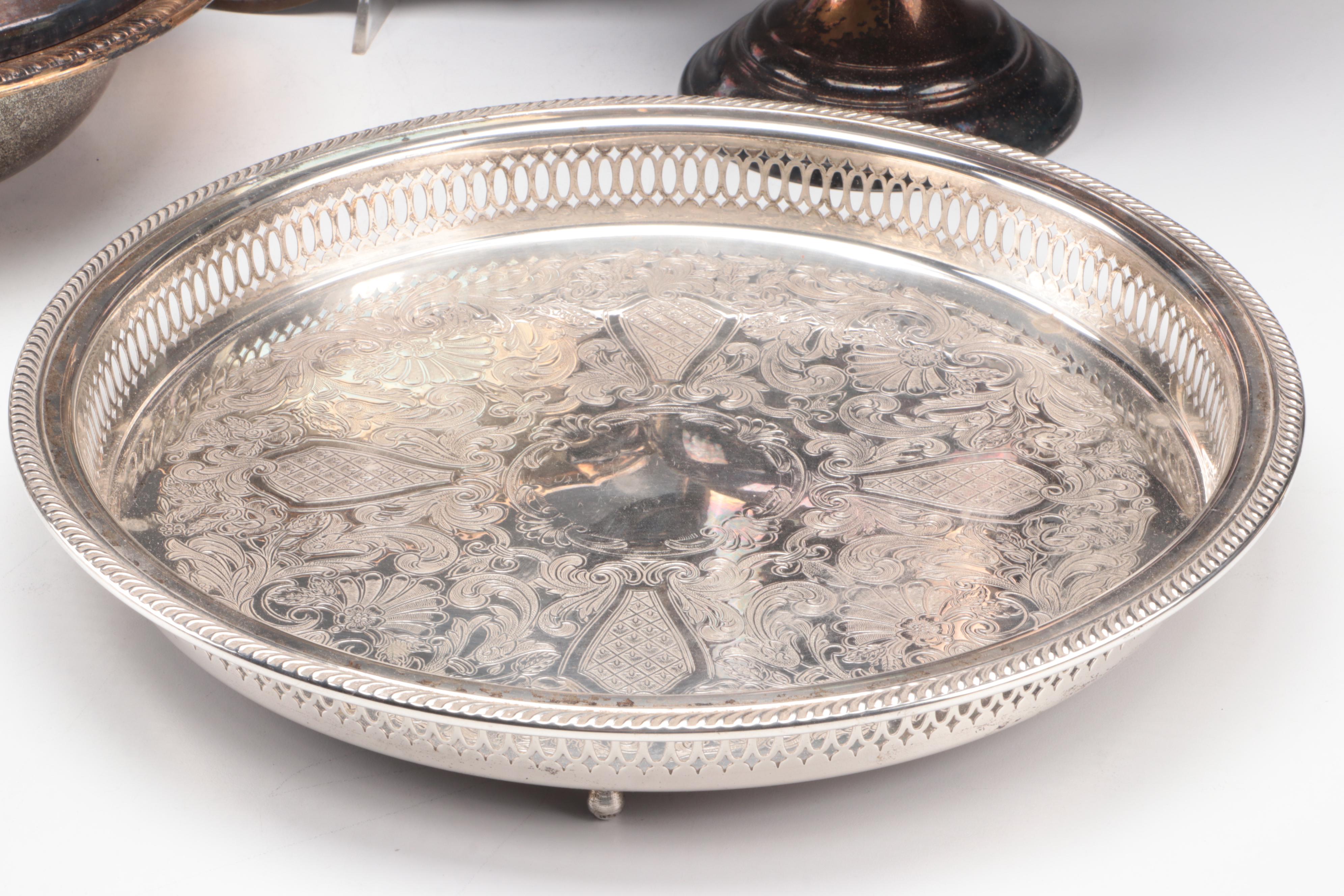 Sheridan Silver Co. Gallery Tray with Glasses and Other Silver Plate Serveware