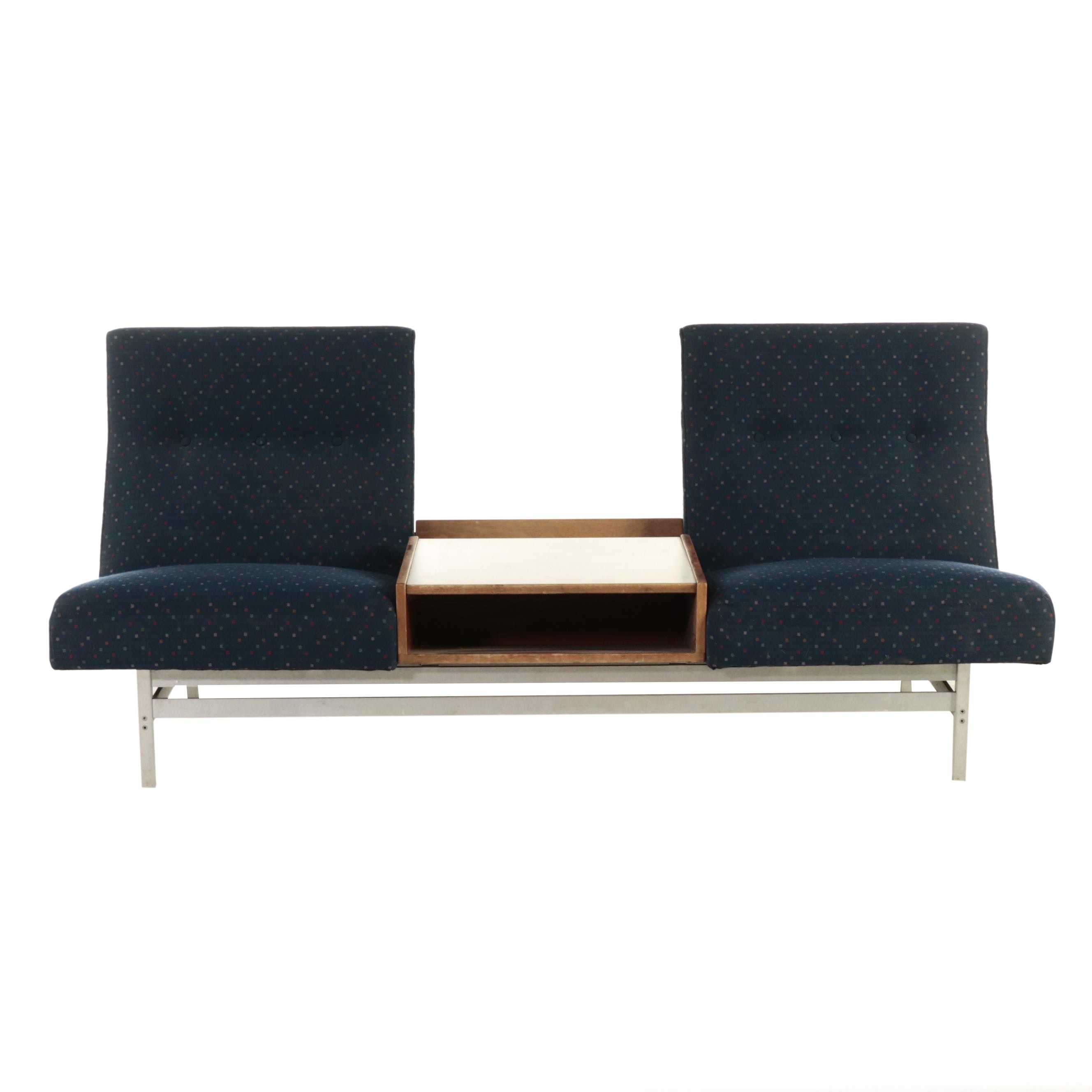 Modernist Walnut, White Laminate, and Aluminum Two-Seat Bench with Center Table