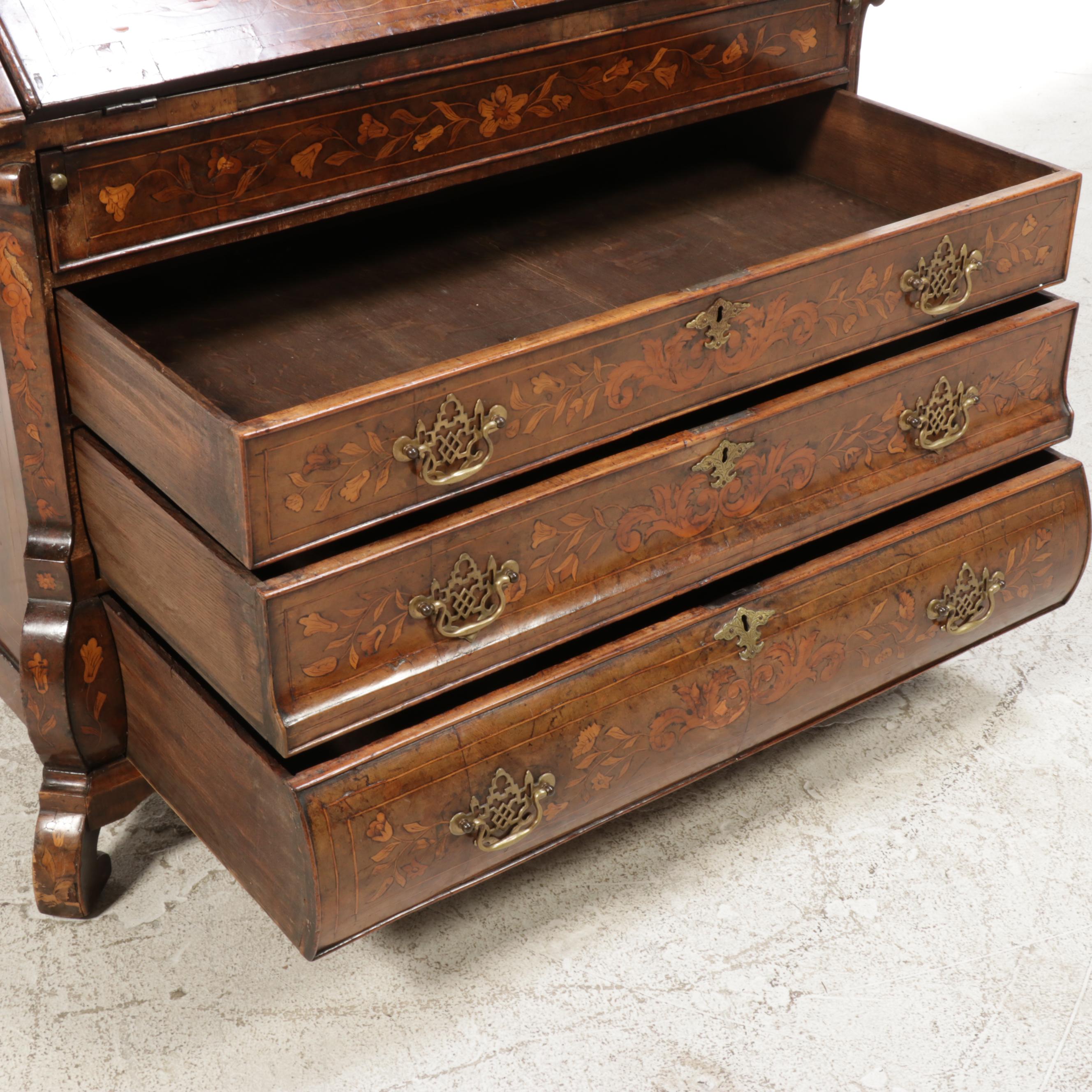 Dutch Walnut and Marquetry Bombé-Front Bureau, 19th Century