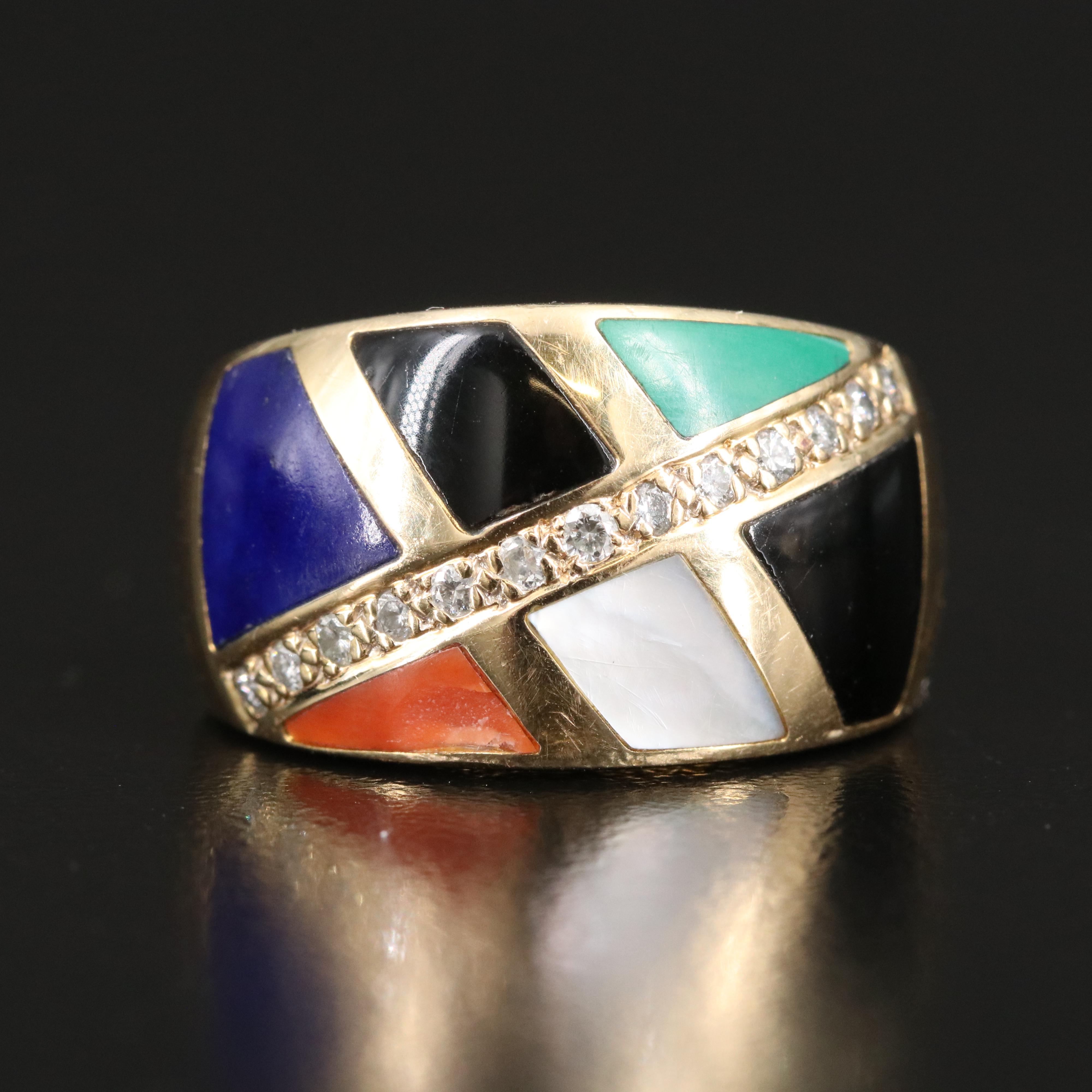 14K Diamond and Gemstone Inlay Ring