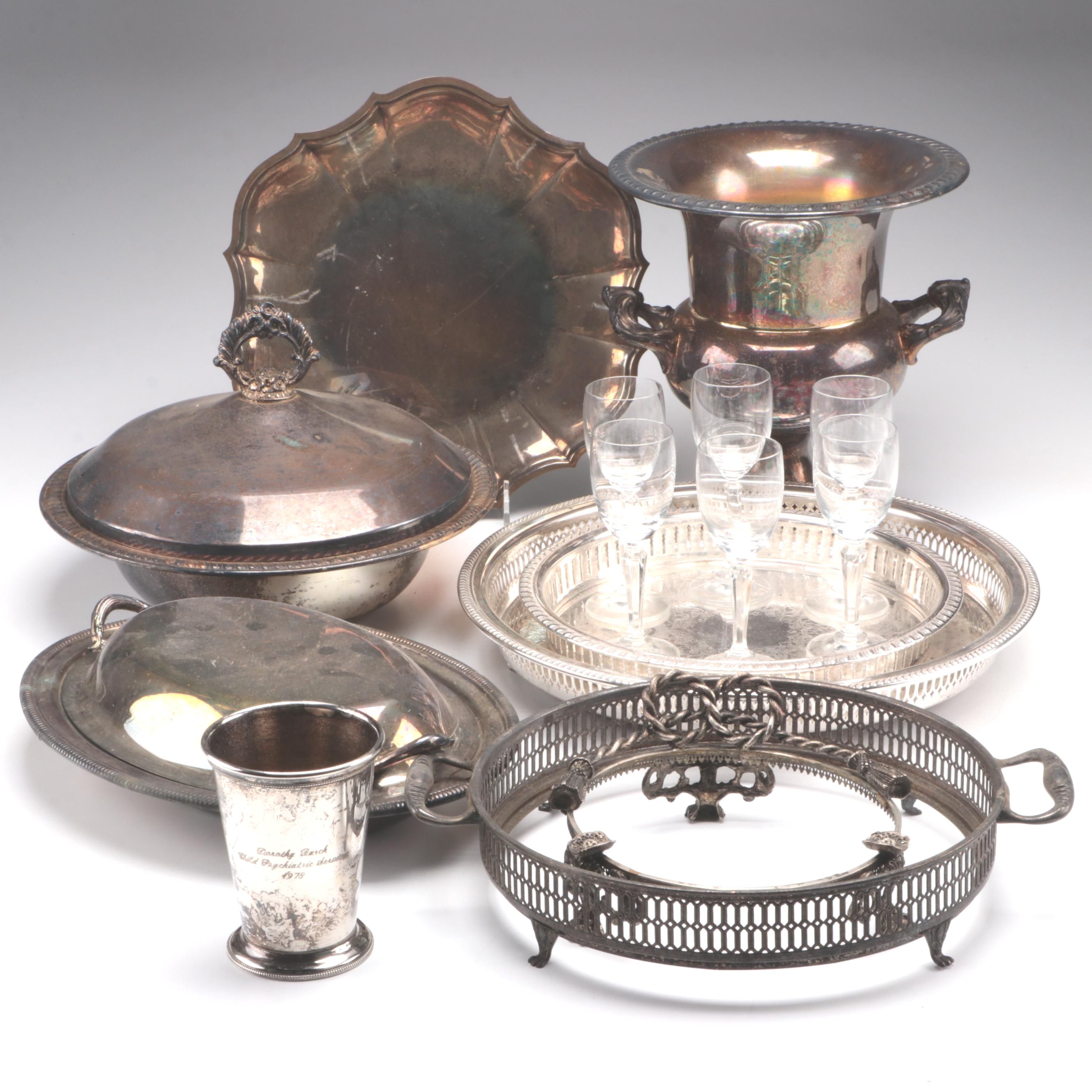 Sheridan Silver Co. Gallery Tray with Glasses and Other Silver Plate Serveware