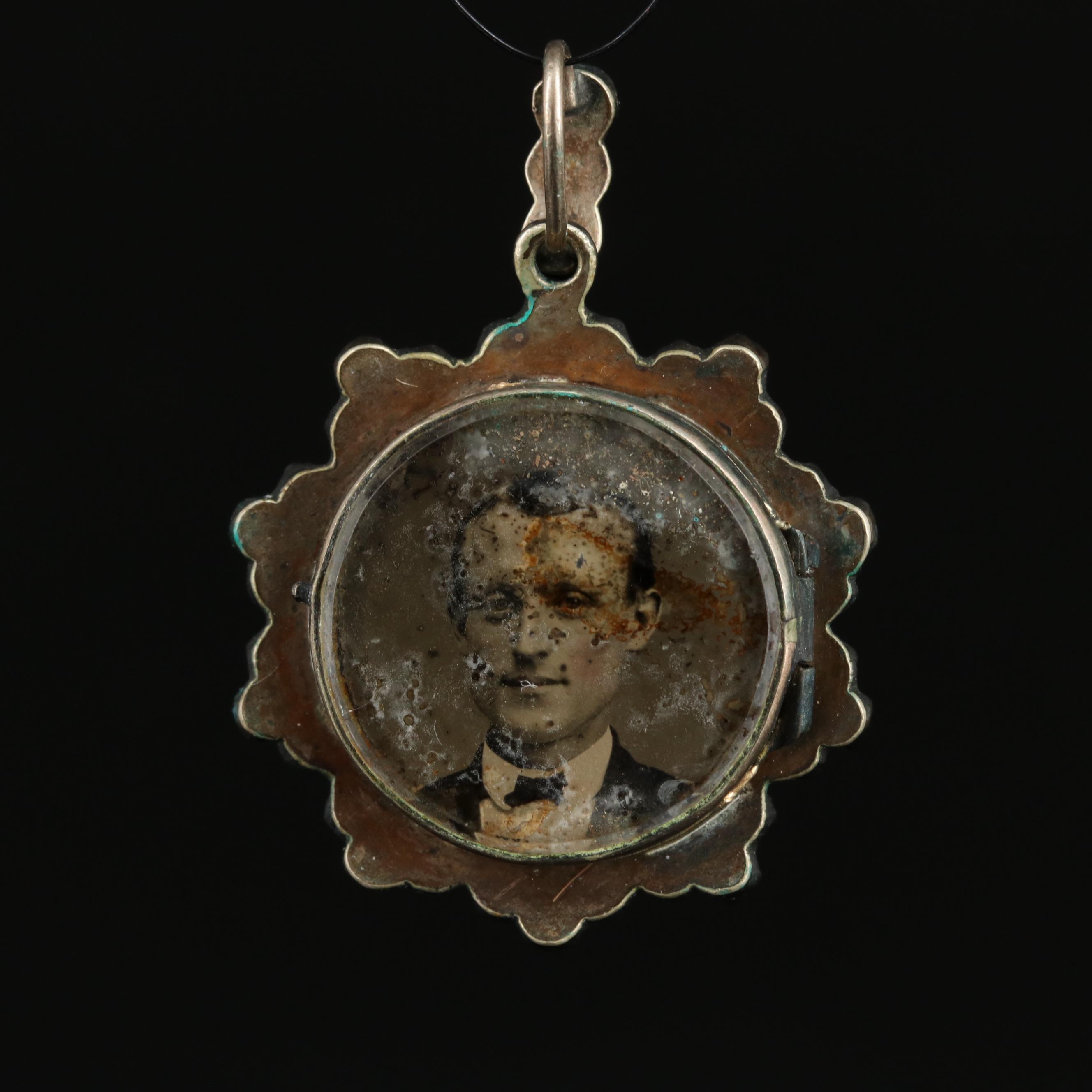 Victorian Gilt Metal and Garnet Mourning Pendant with Tintype Photo