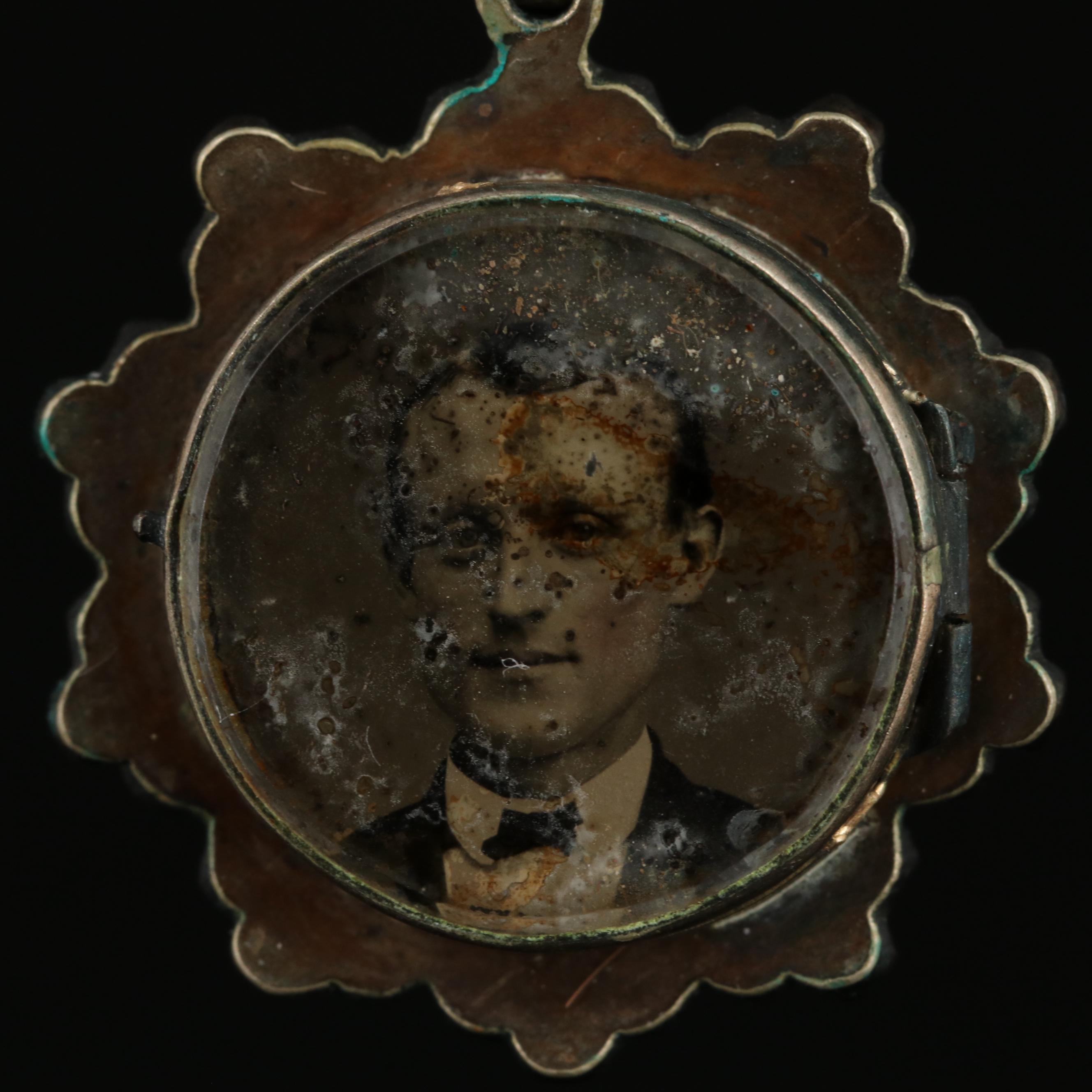 Victorian Gilt Metal and Garnet Mourning Pendant with Tintype Photo