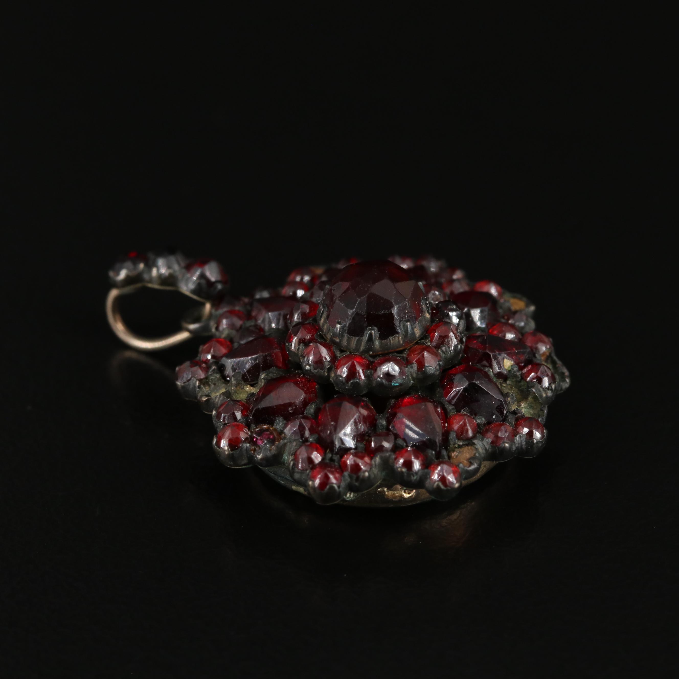 Victorian Gilt Metal and Garnet Mourning Pendant with Tintype Photo