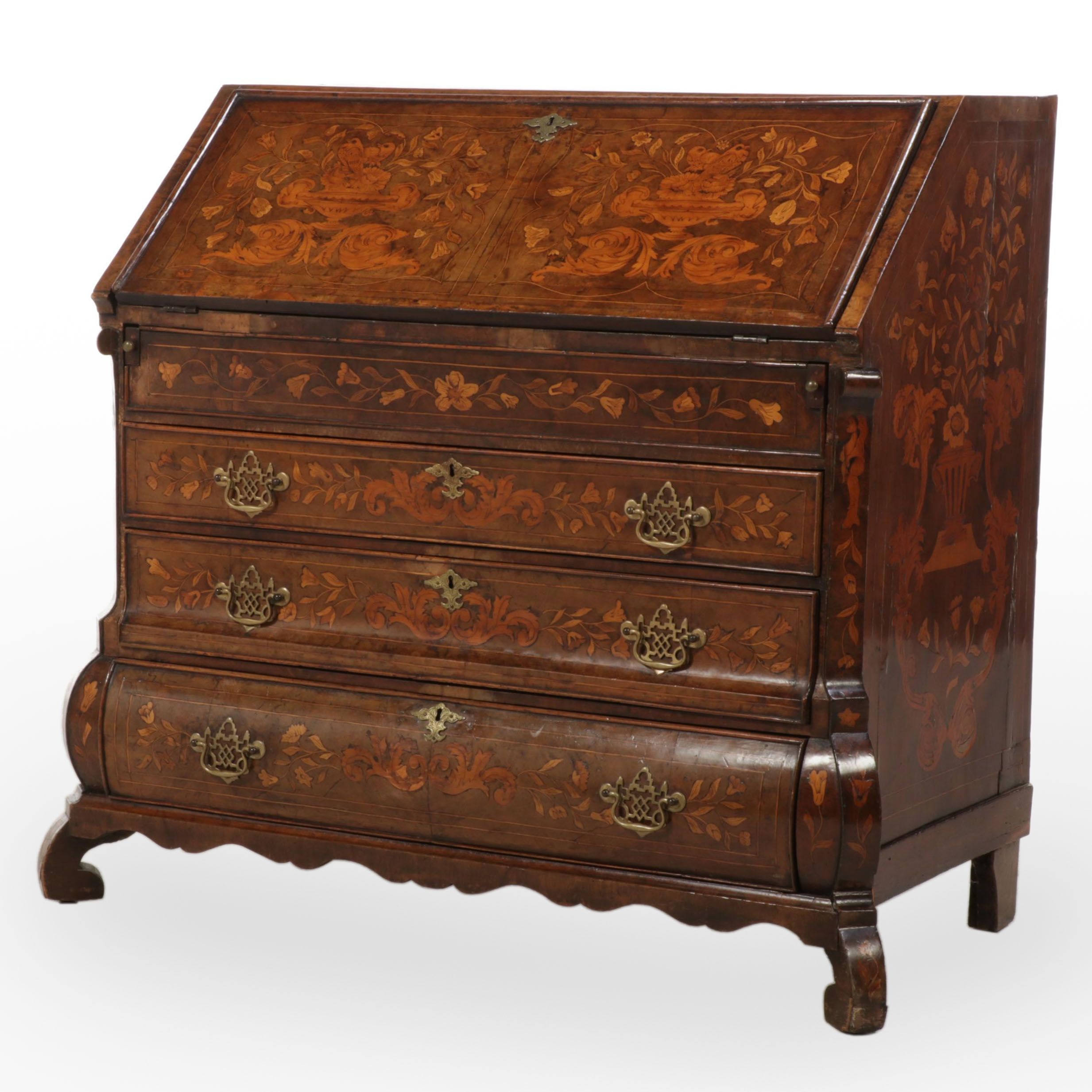 Dutch Walnut and Marquetry Bombé-Front Bureau, 19th Century