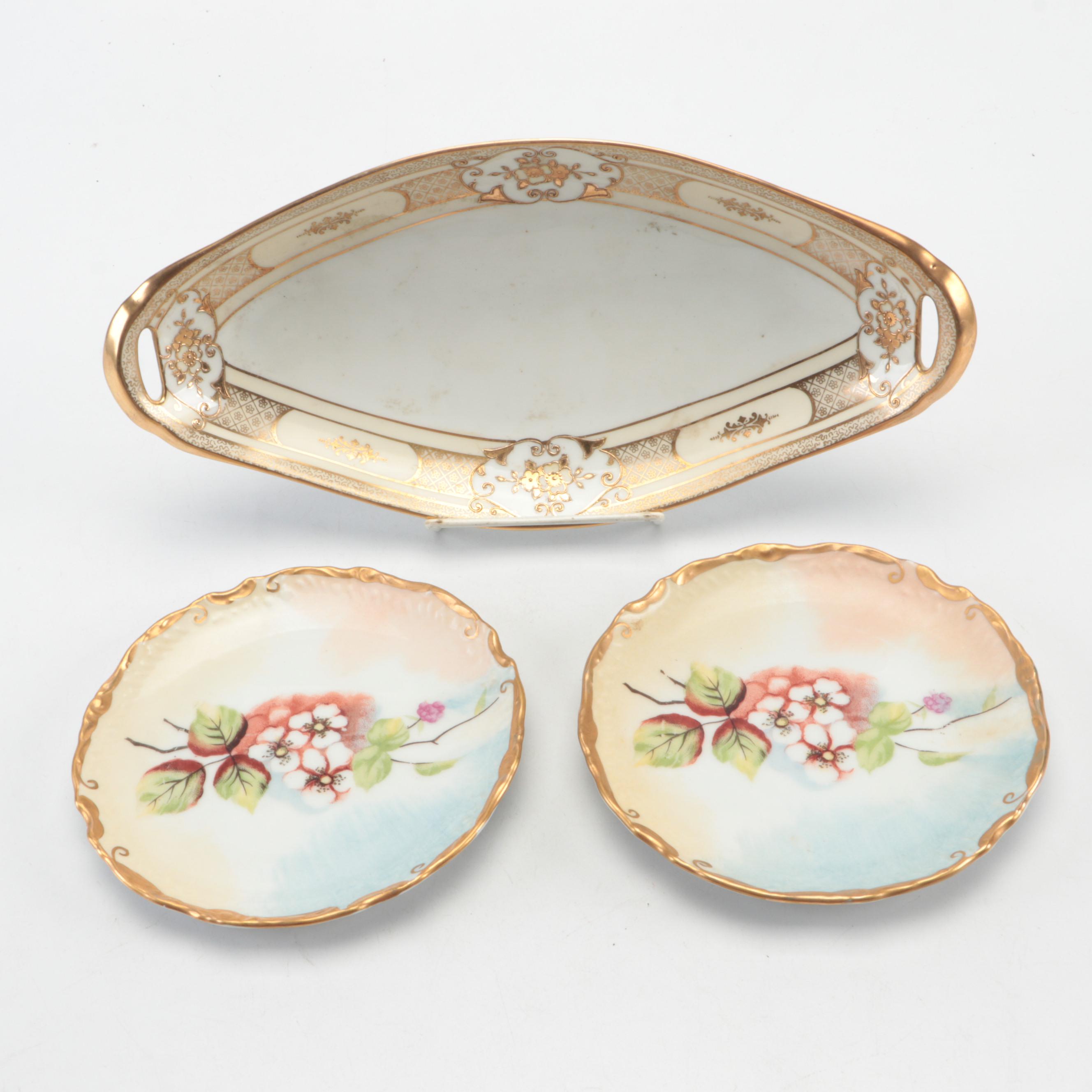 Noritake Moriage Style Porcelain Tray with Mustache Cups and Other Tableware