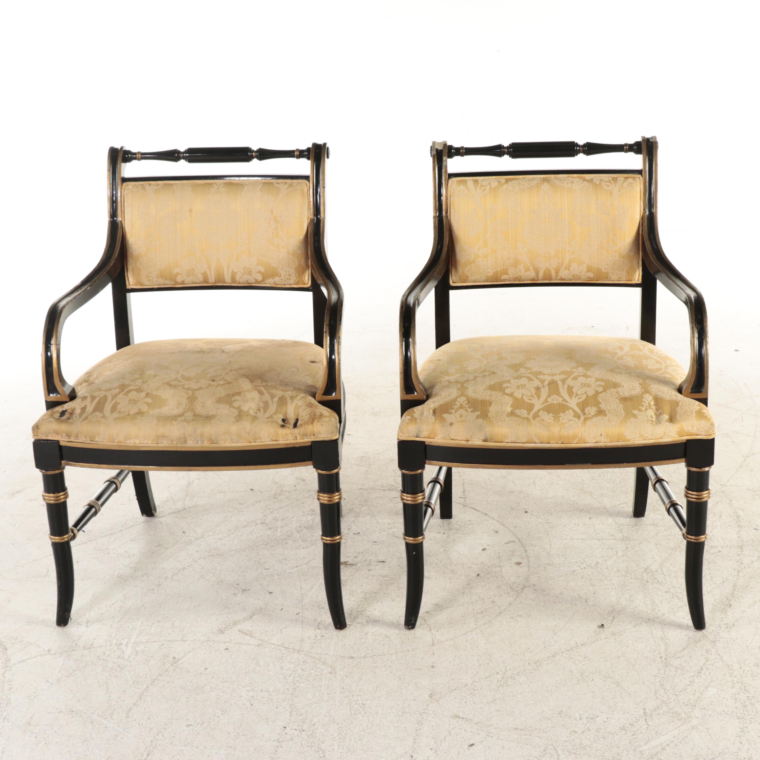 Drexel-Heritage Regency Style Ebonized and Giltwood Armchairs