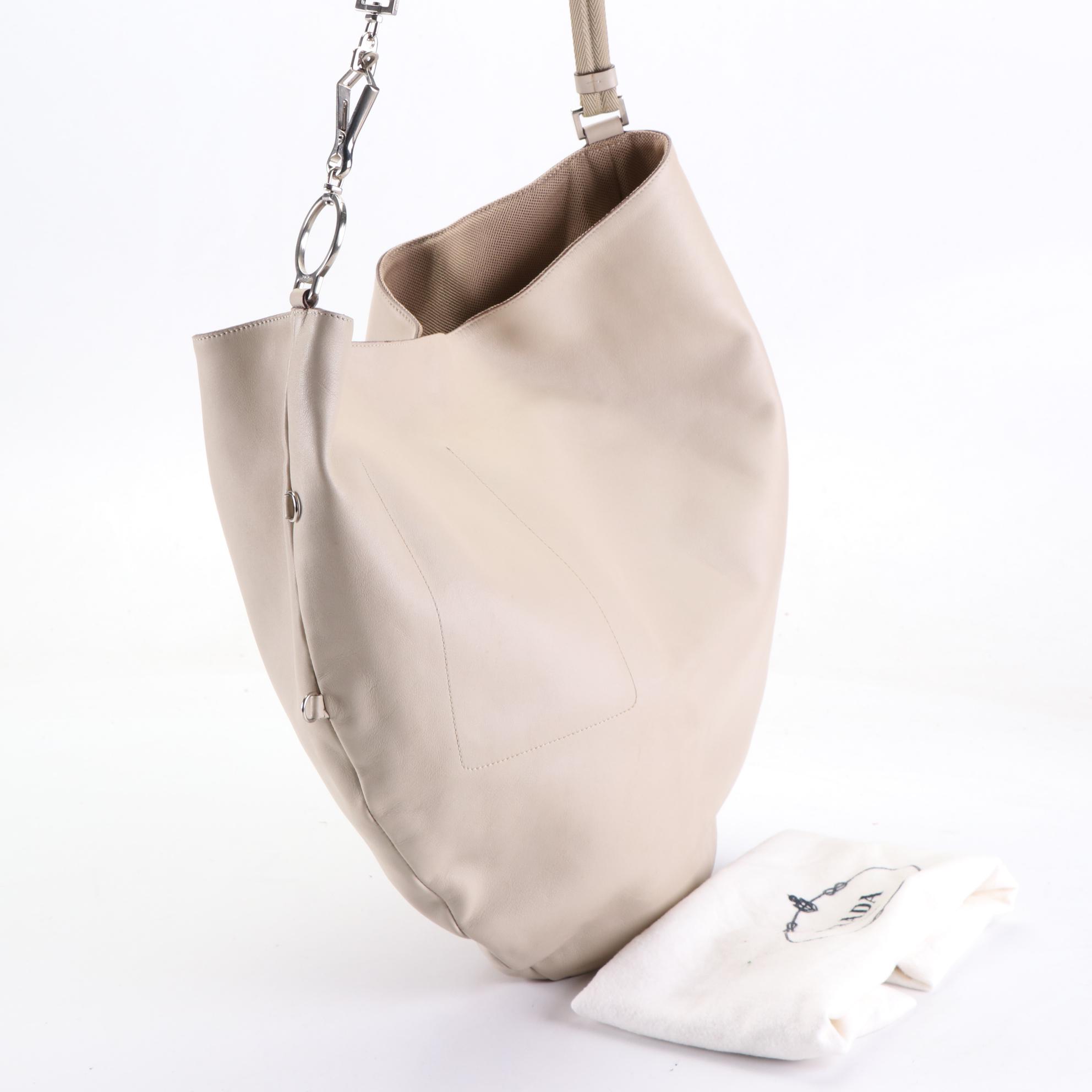 Prada Over-Sized Shoulder Bag in Smooth Beige Leather