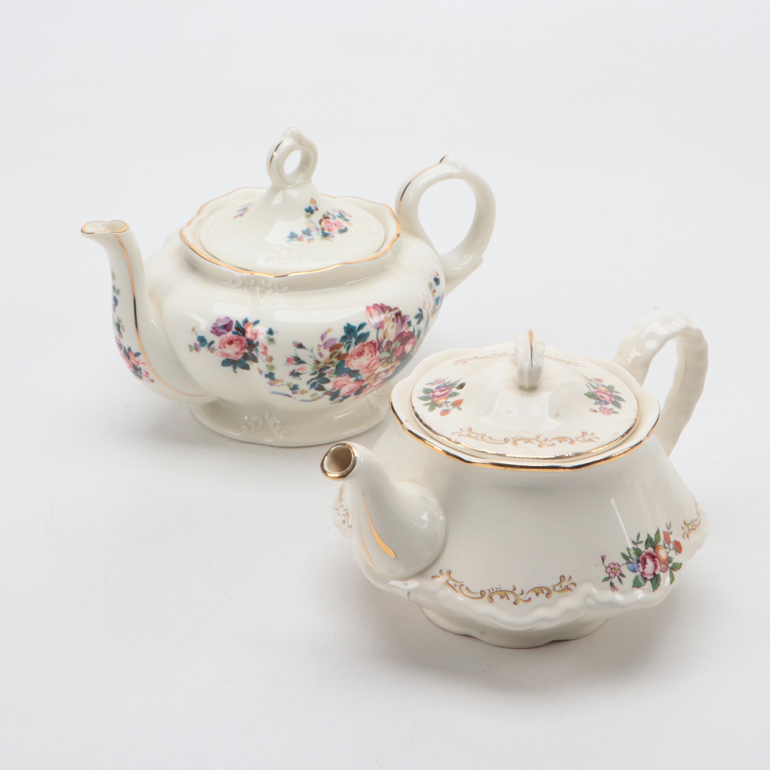 Lefton Porcelain Music Box with Harrods Tea Set and Other Teapots