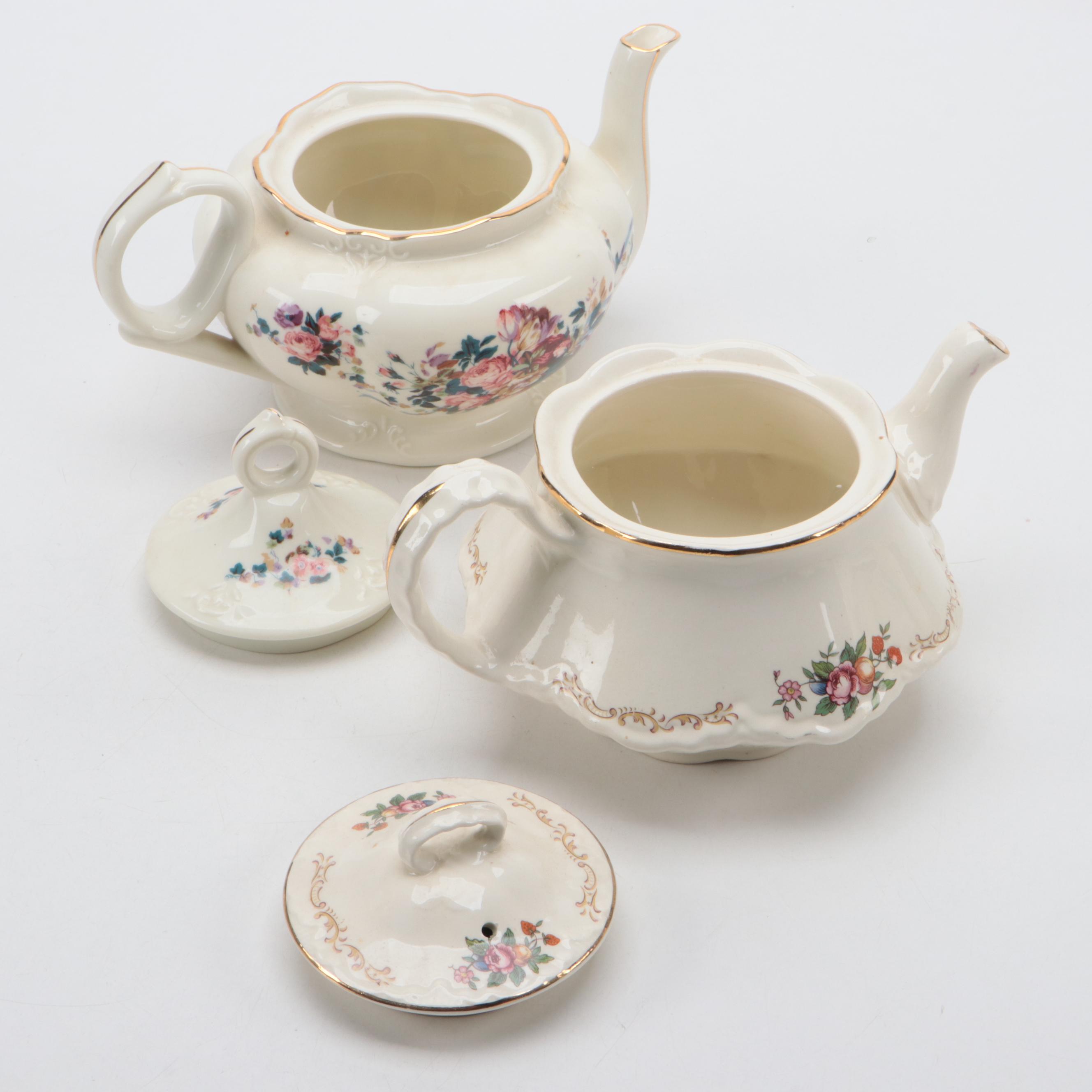 Lefton Porcelain Music Box with Harrods Tea Set and Other Teapots