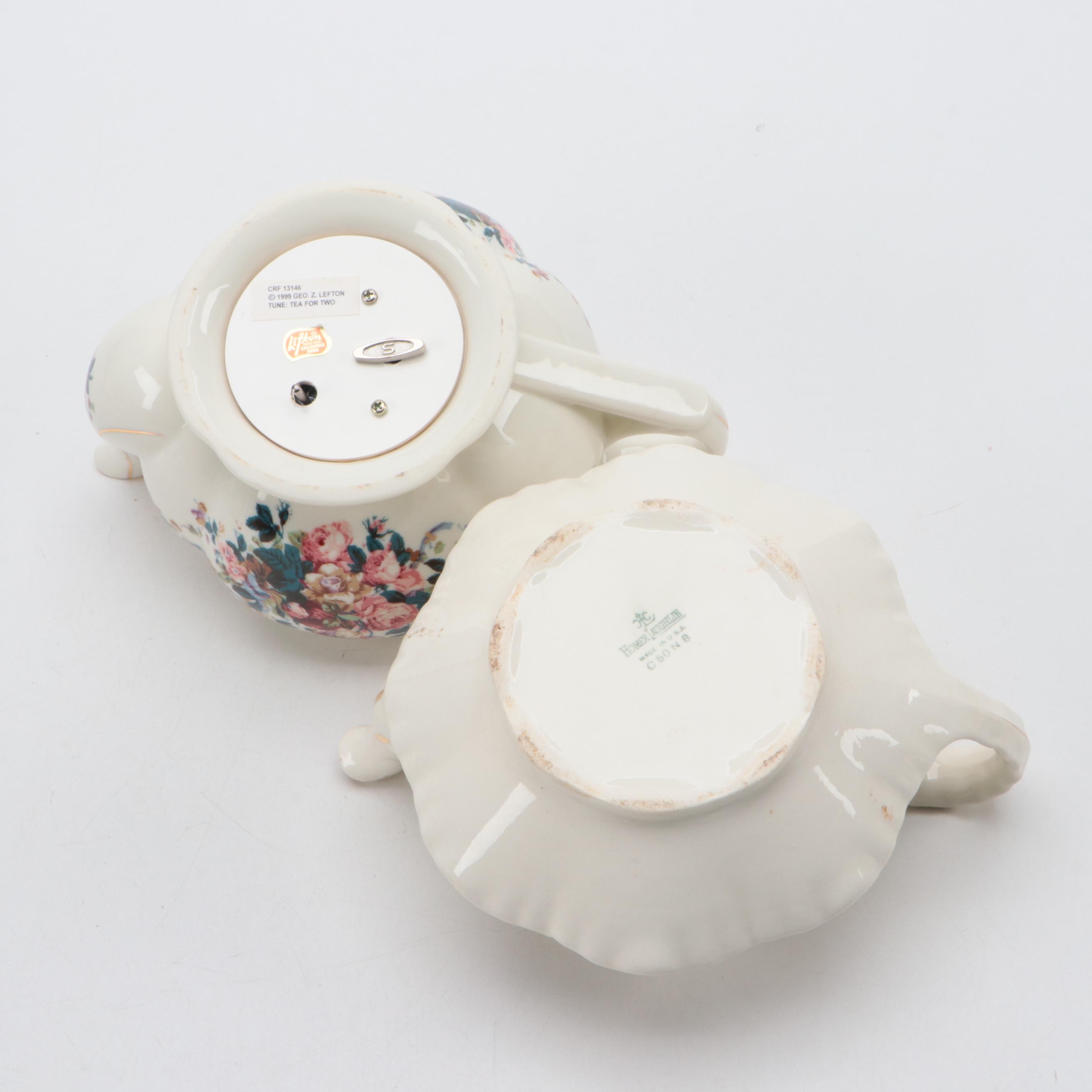 Lefton Porcelain Music Box with Harrods Tea Set and Other Teapots