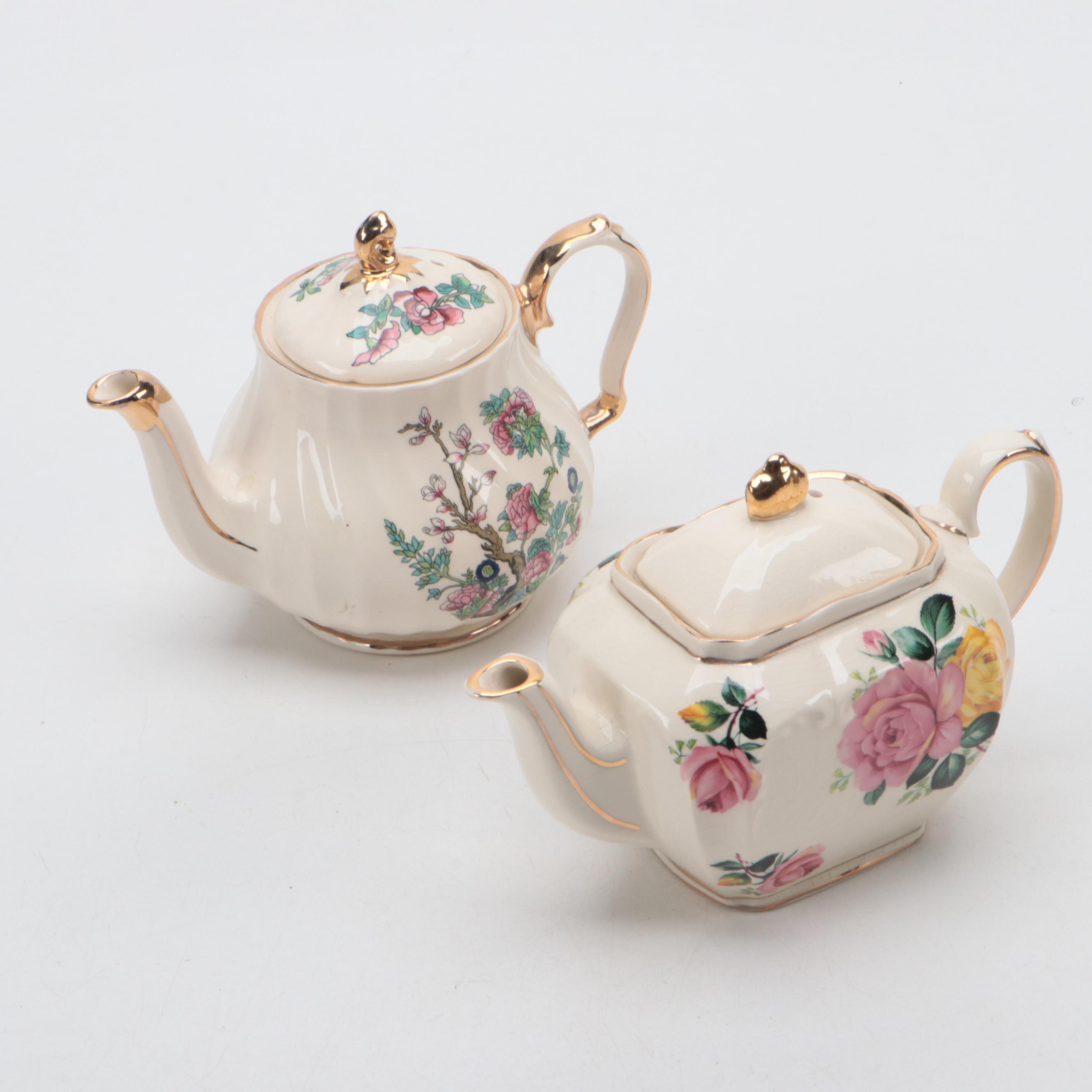Lefton Porcelain Music Box with Harrods Tea Set and Other Teapots