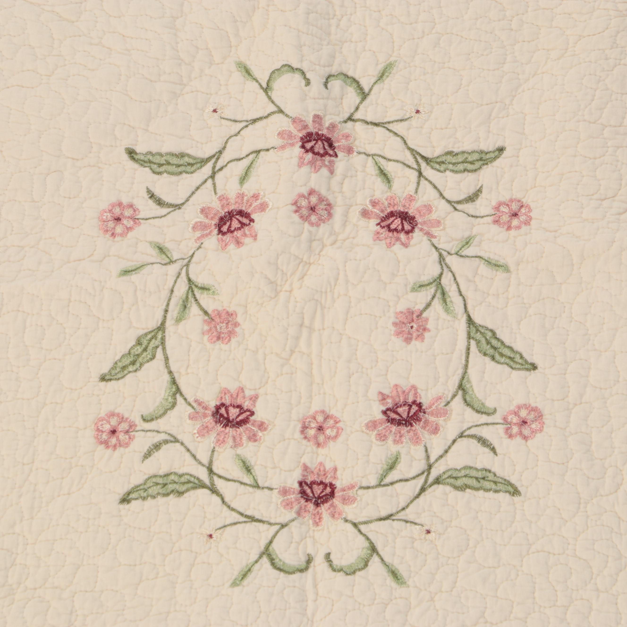 Handmade Floral Embroidered Quilt, Late 20th Century EBTH