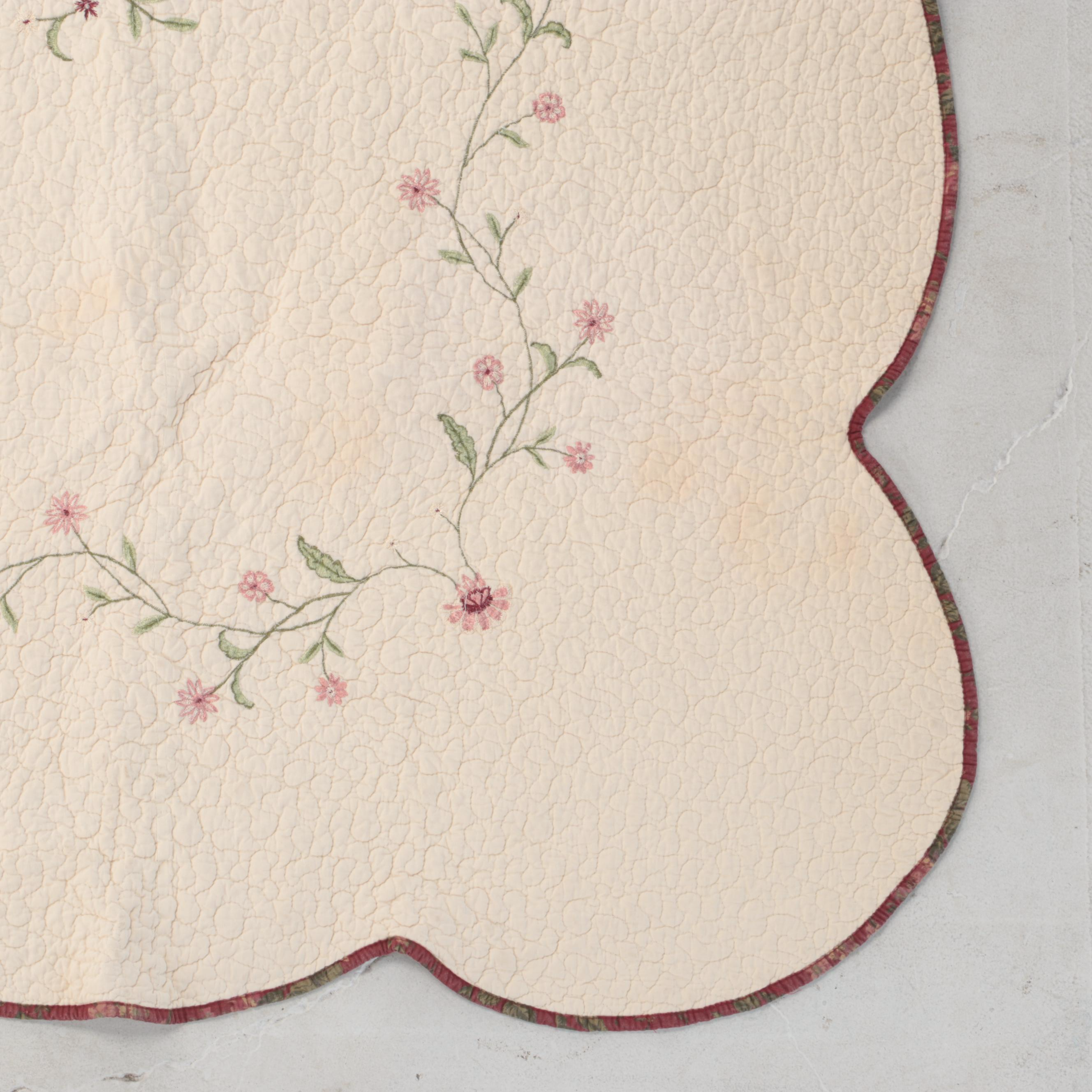 Handmade Floral Embroidered Quilt, Late 20th Century EBTH