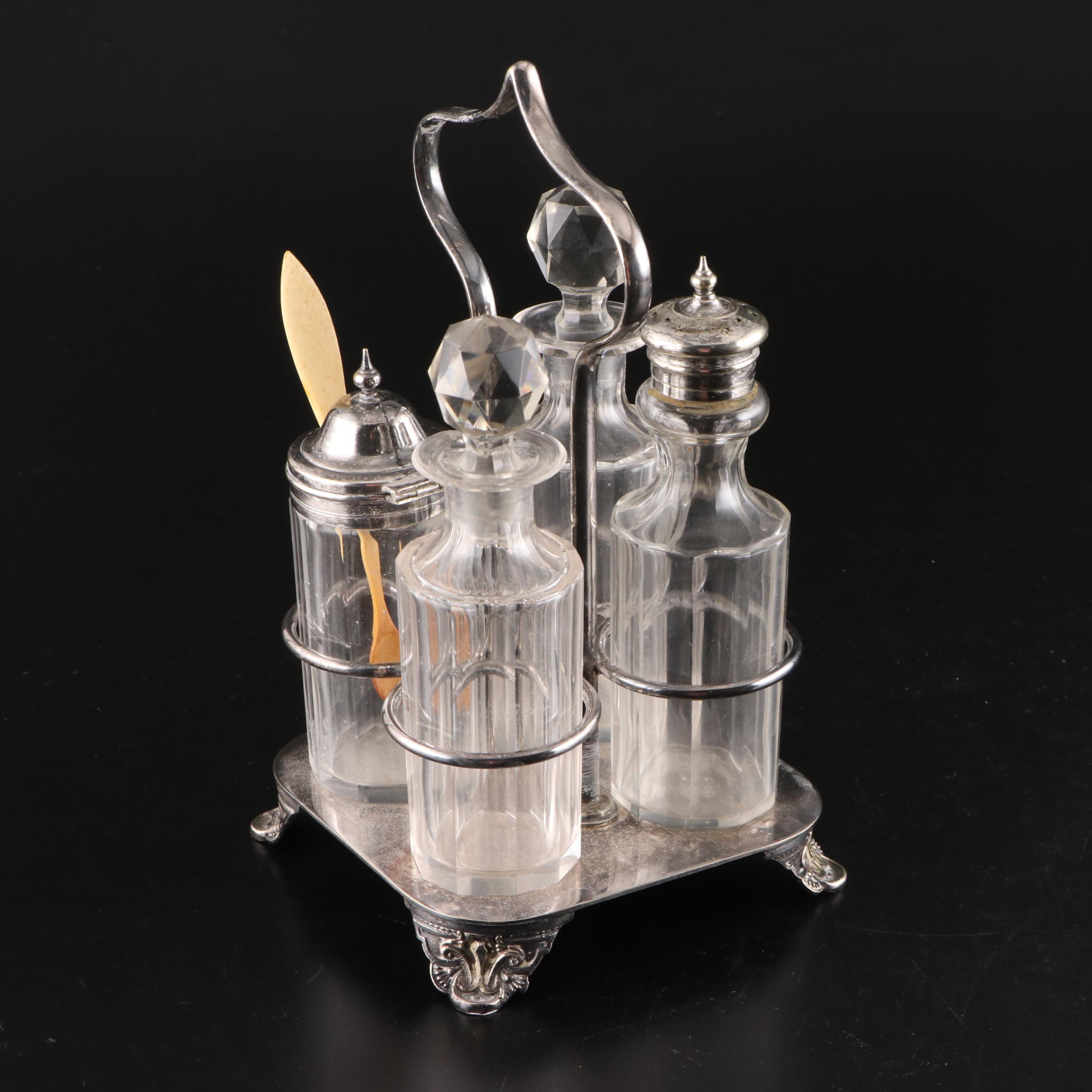 Pinder Brothers Silver Plate Condiment Caddy with Glass Castors and Cruets