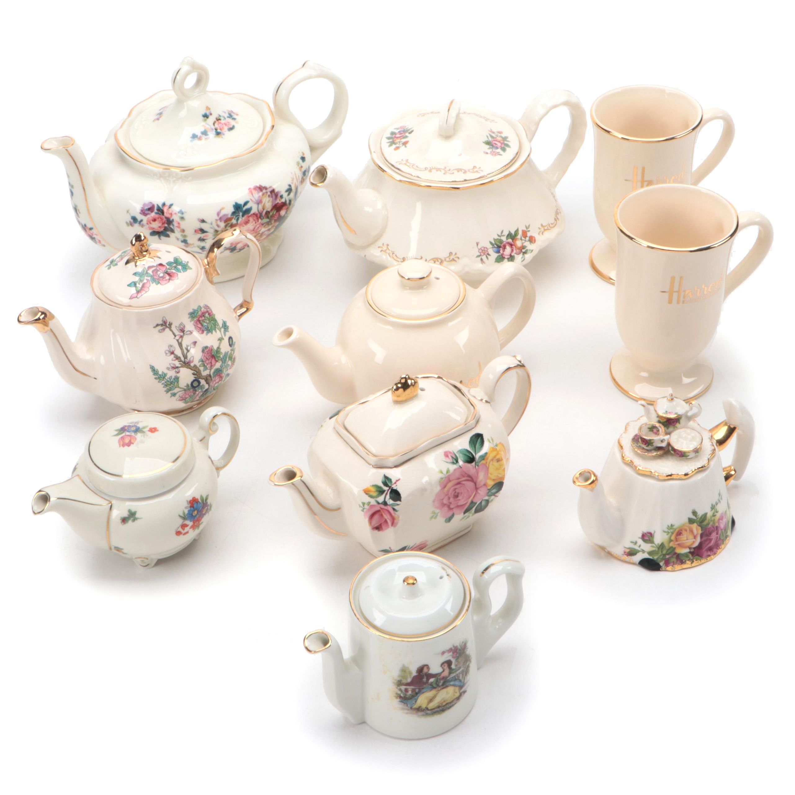 Lefton Porcelain Music Box with Harrods Tea Set and Other Teapots