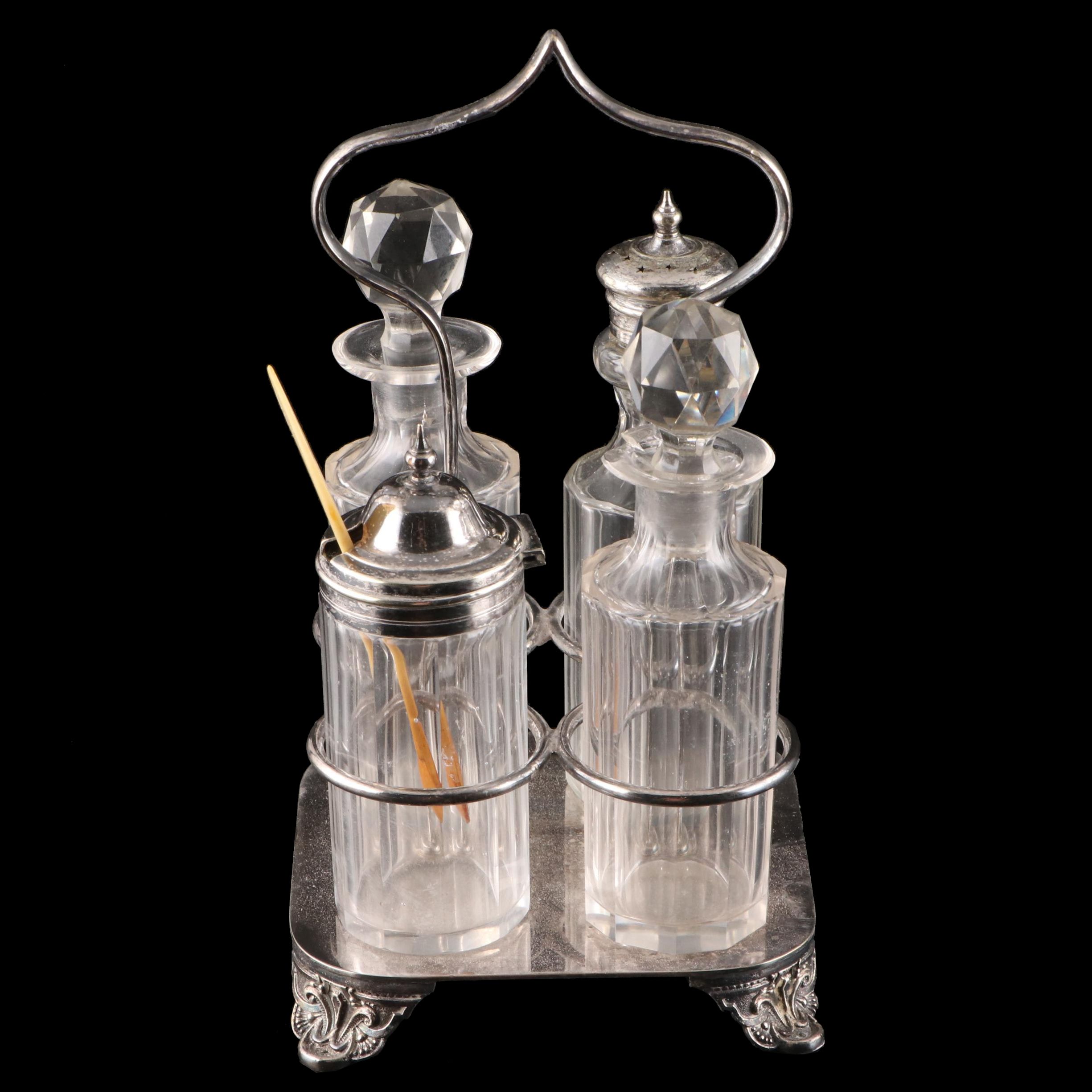 Pinder Brothers Silver Plate Condiment Caddy with Glass Castors and Cruets