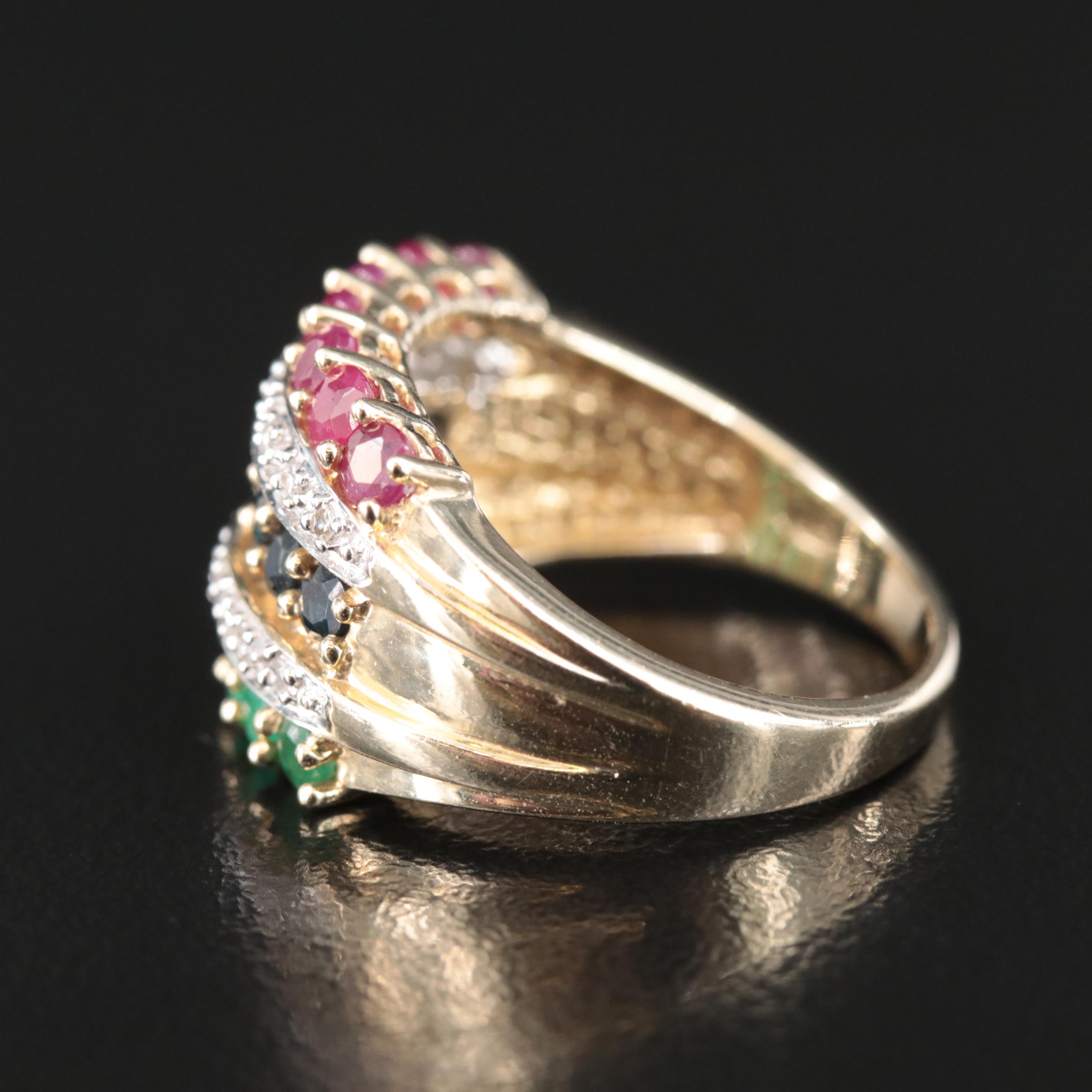 10K Ruby, Sapphire, Emerald and Diamond Ring