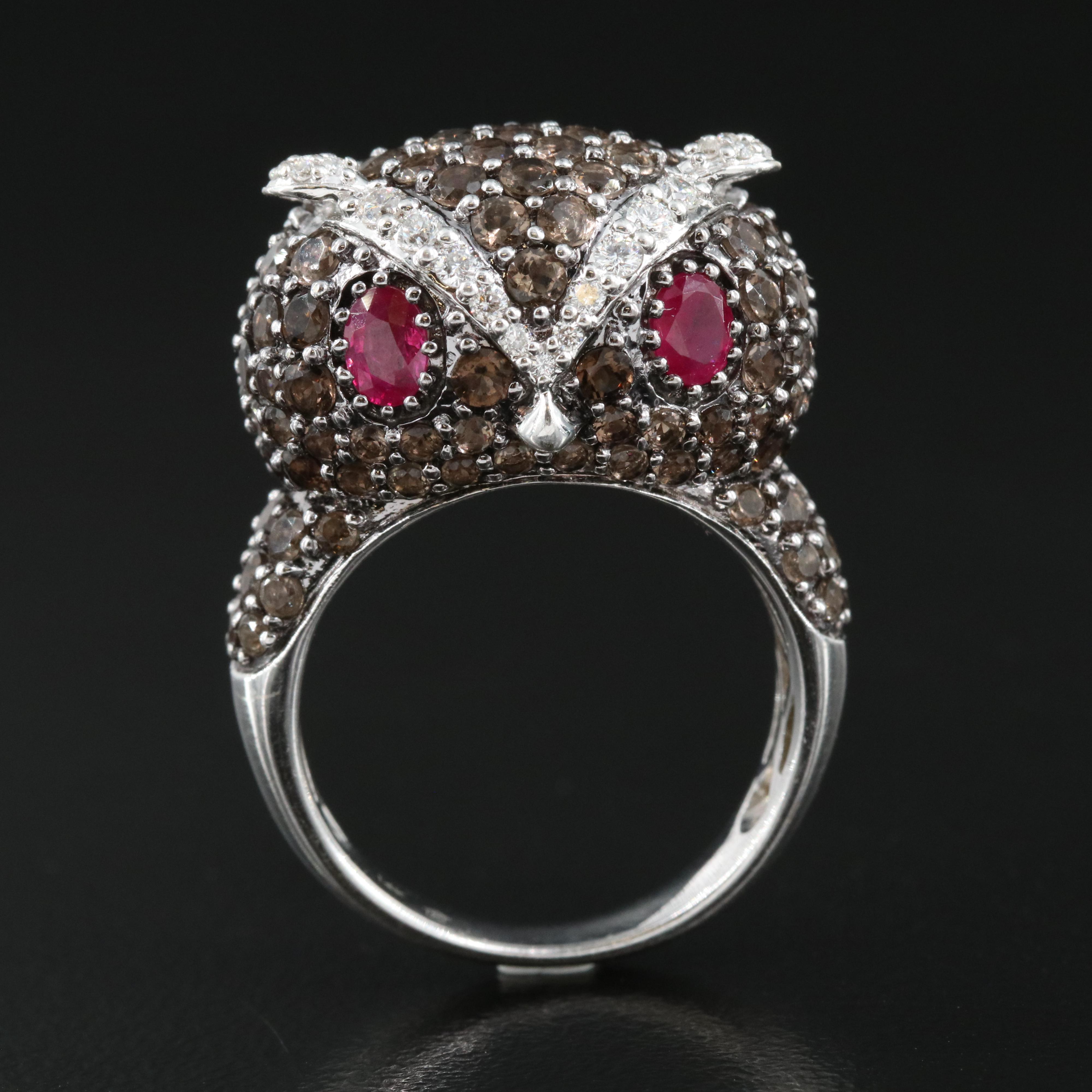 14K Ruby, Pavé Smoky Quartz and Diamond Owl Ring