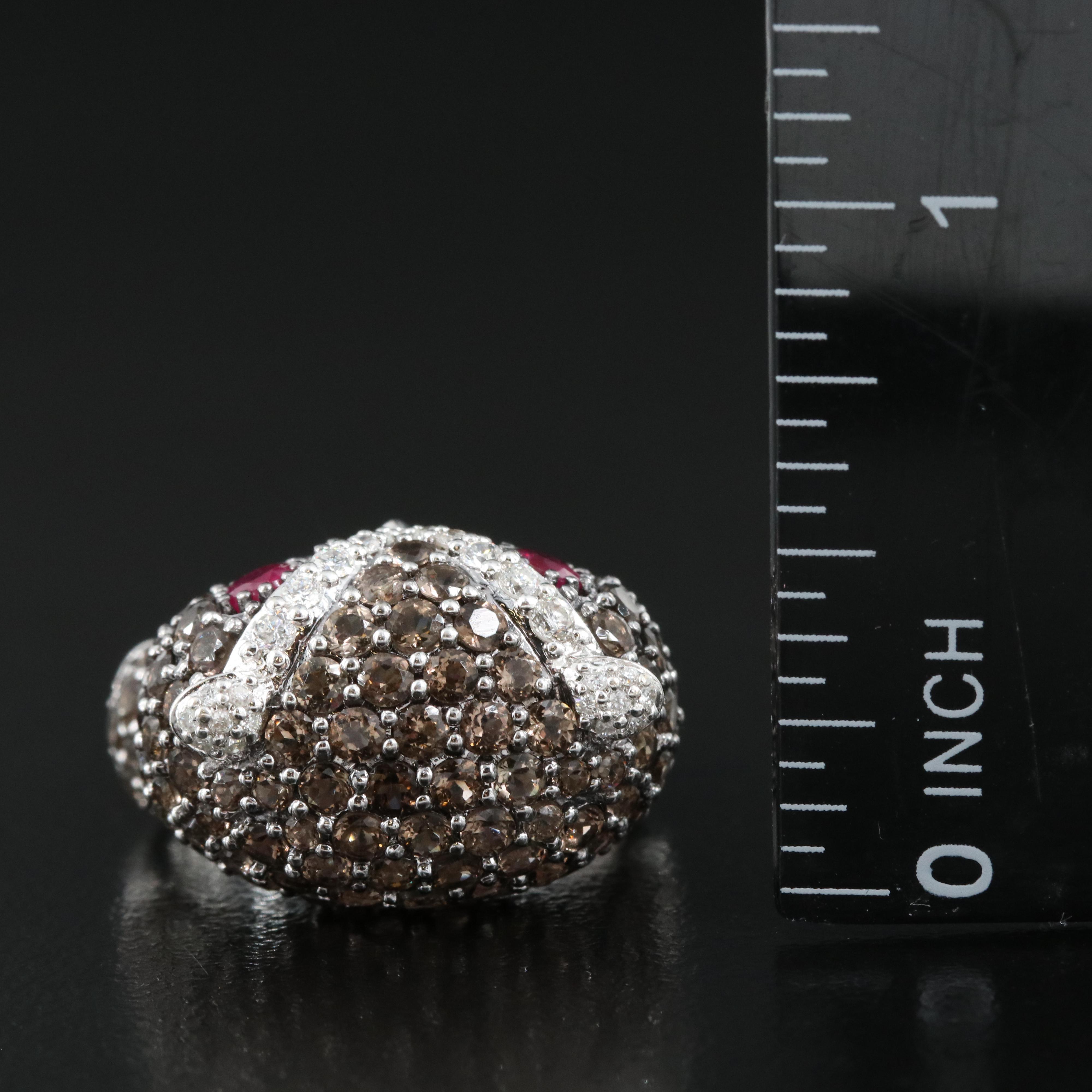 14K Ruby, Pavé Smoky Quartz and Diamond Owl Ring